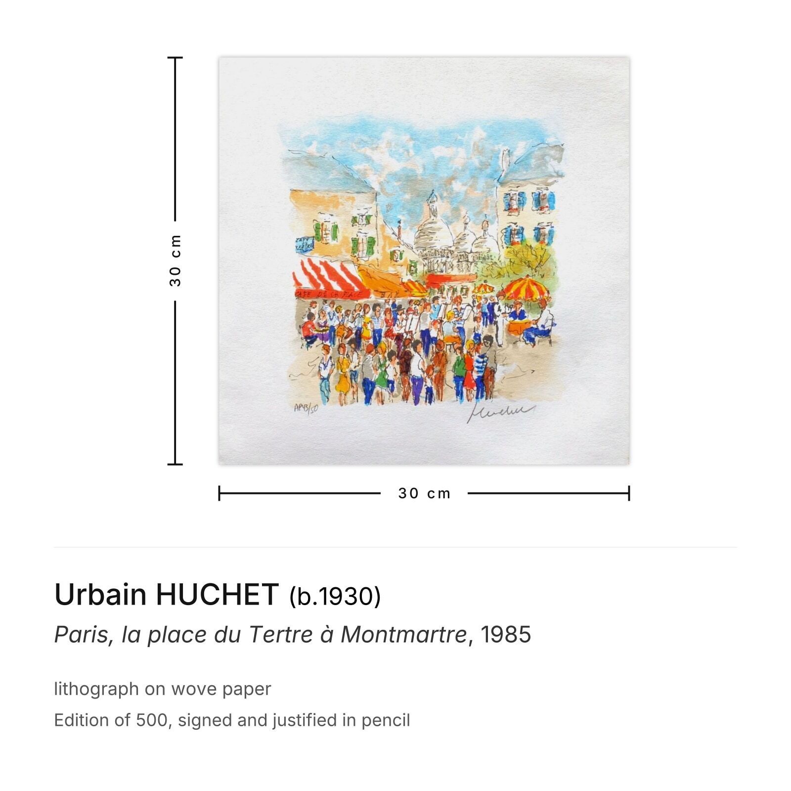 Urbain Huchet Gesigneerde Lithografie Paris, La Place Du Tertre à Montmartre 1985 photo furniture
