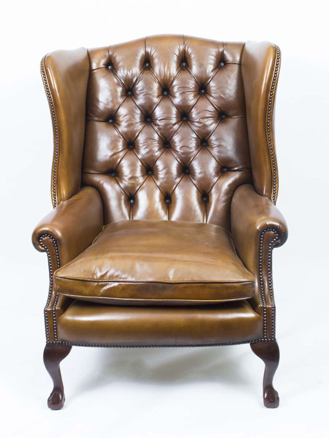 Bespoke Pair Leather Chippendale Wing Back Armchairs Yellow Tan photo 4900.0