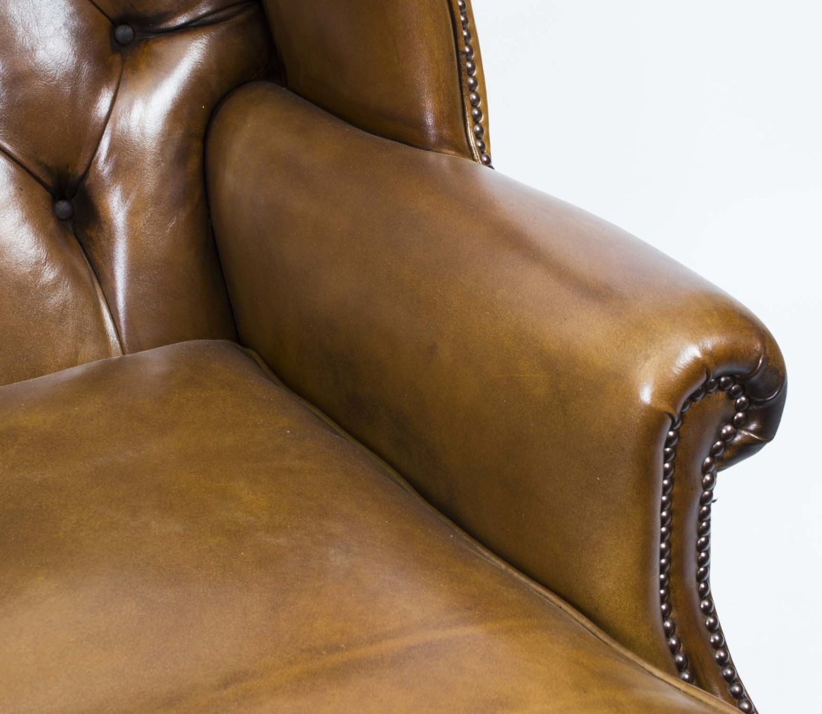 photo furniture Bespoke Pair Leather Chippendale Wing Back Armchairs Yellow Tan