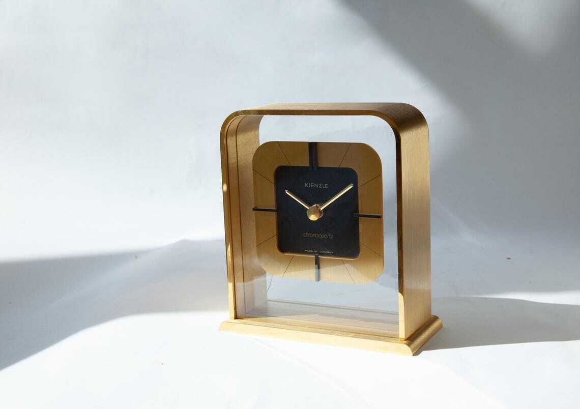 photo vinterior Stunning Gold Plated Kienzle Desk Clock Mid Century Lucent Transparent Design Table Germany