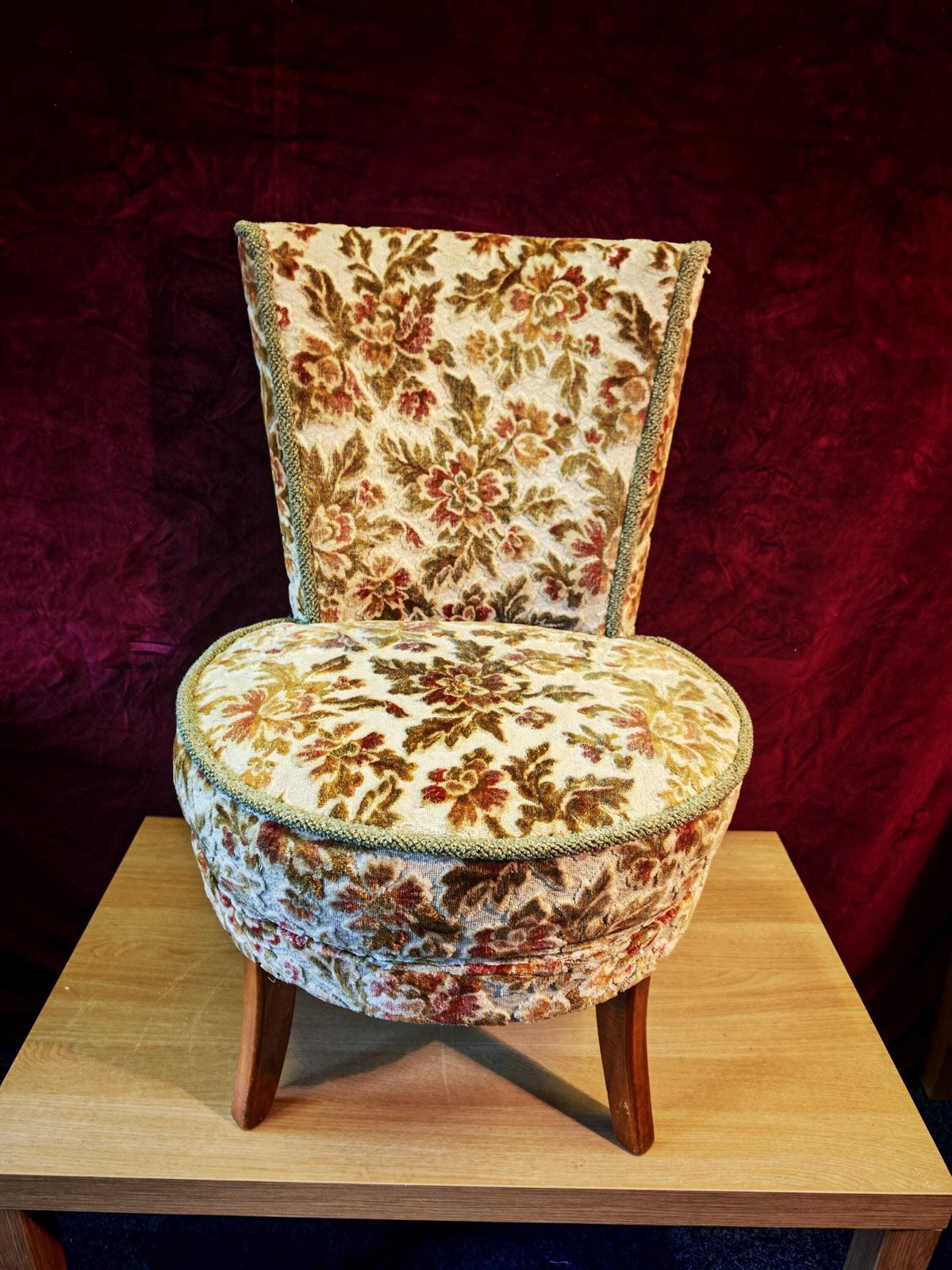 Antique High Narrow Back, Circular Seated Nursing Chair. 1950s Reupholstered. 80cm Tall. Excellent Condition photo furniture