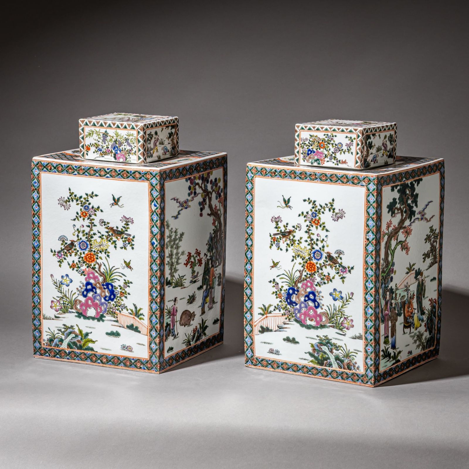 Pair Of Large Chinese Export Tea Caddies, Famille Rose, Mid 20th Century