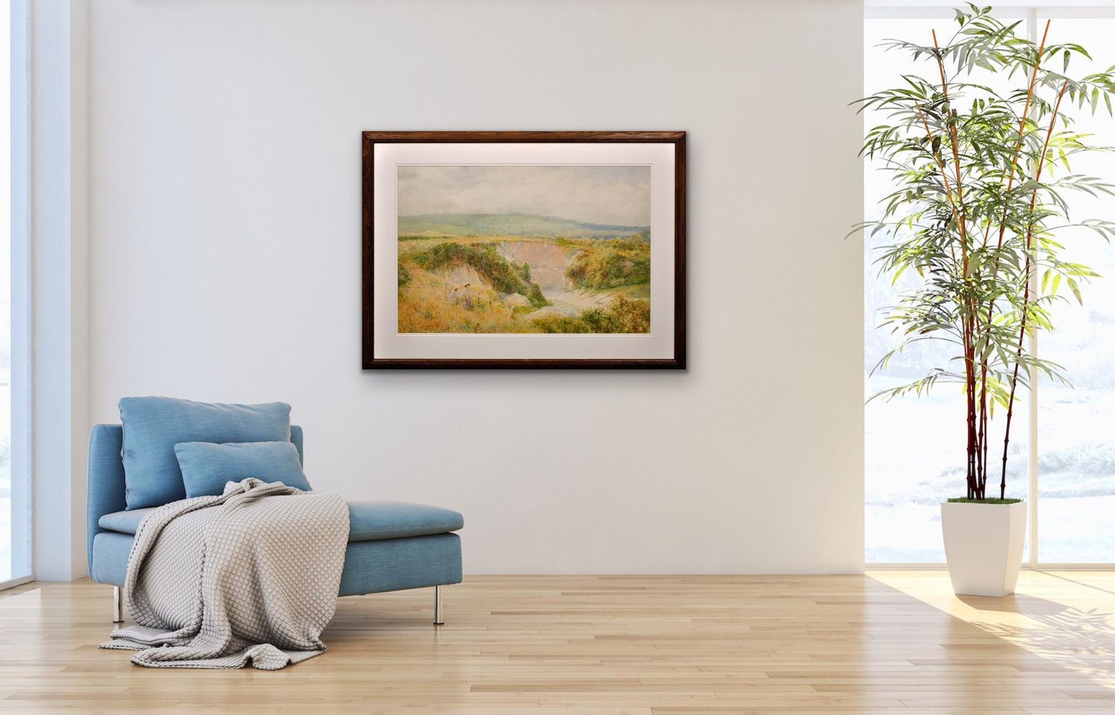photo for sale Charles Gregory 1849 To 1920. English. Summers Day At Steyning Bowl, West Sussex, South Downs Way. Framed Watercolour. Victorian Landscape.