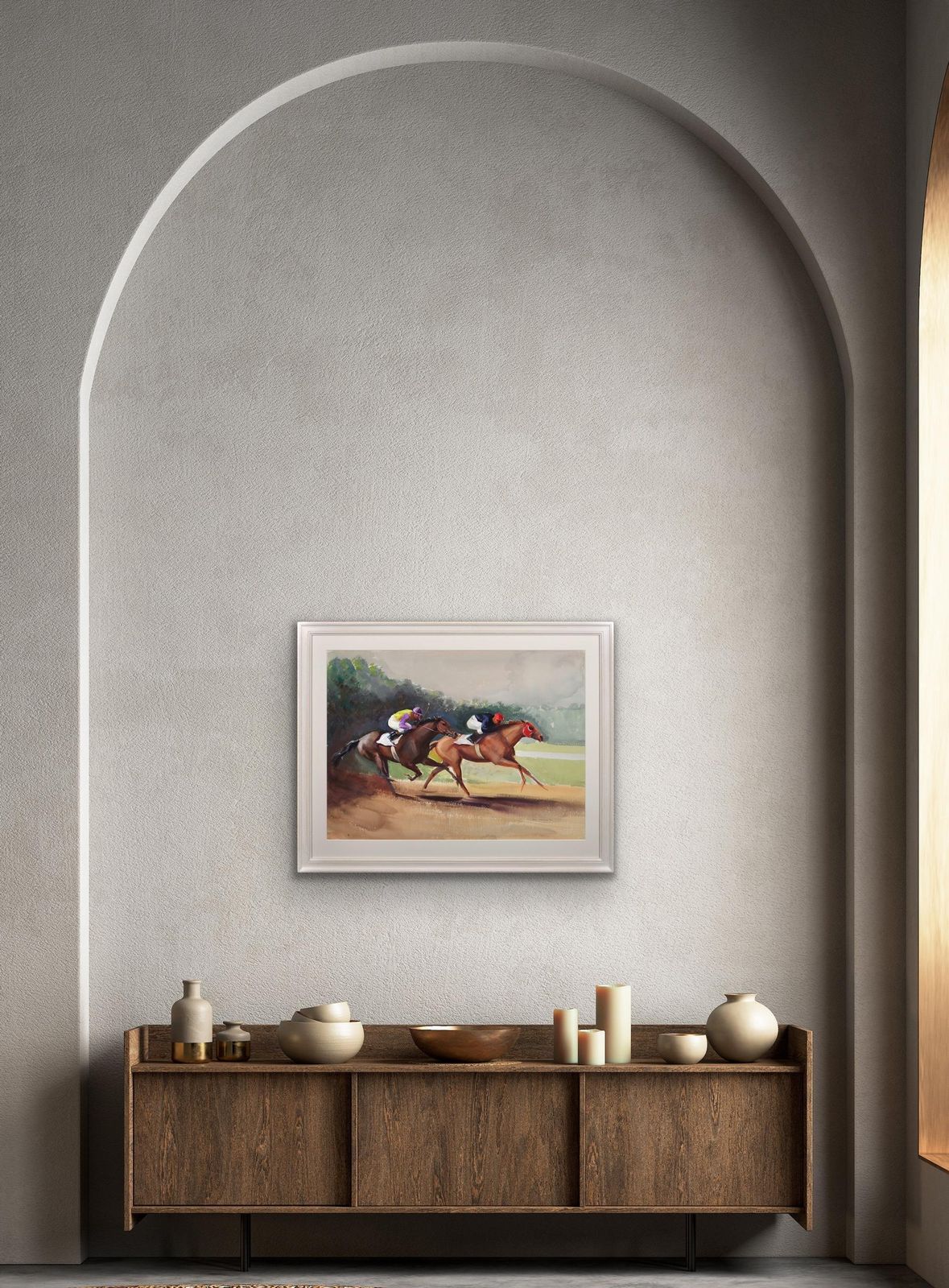 photo vinterior John Rattenbury Skeaping 1901 To 1990. English. A Tight Finish, 1970. Framed Mid 20th Century Horse Racing Painting By An Acclaimed Equine Artist.