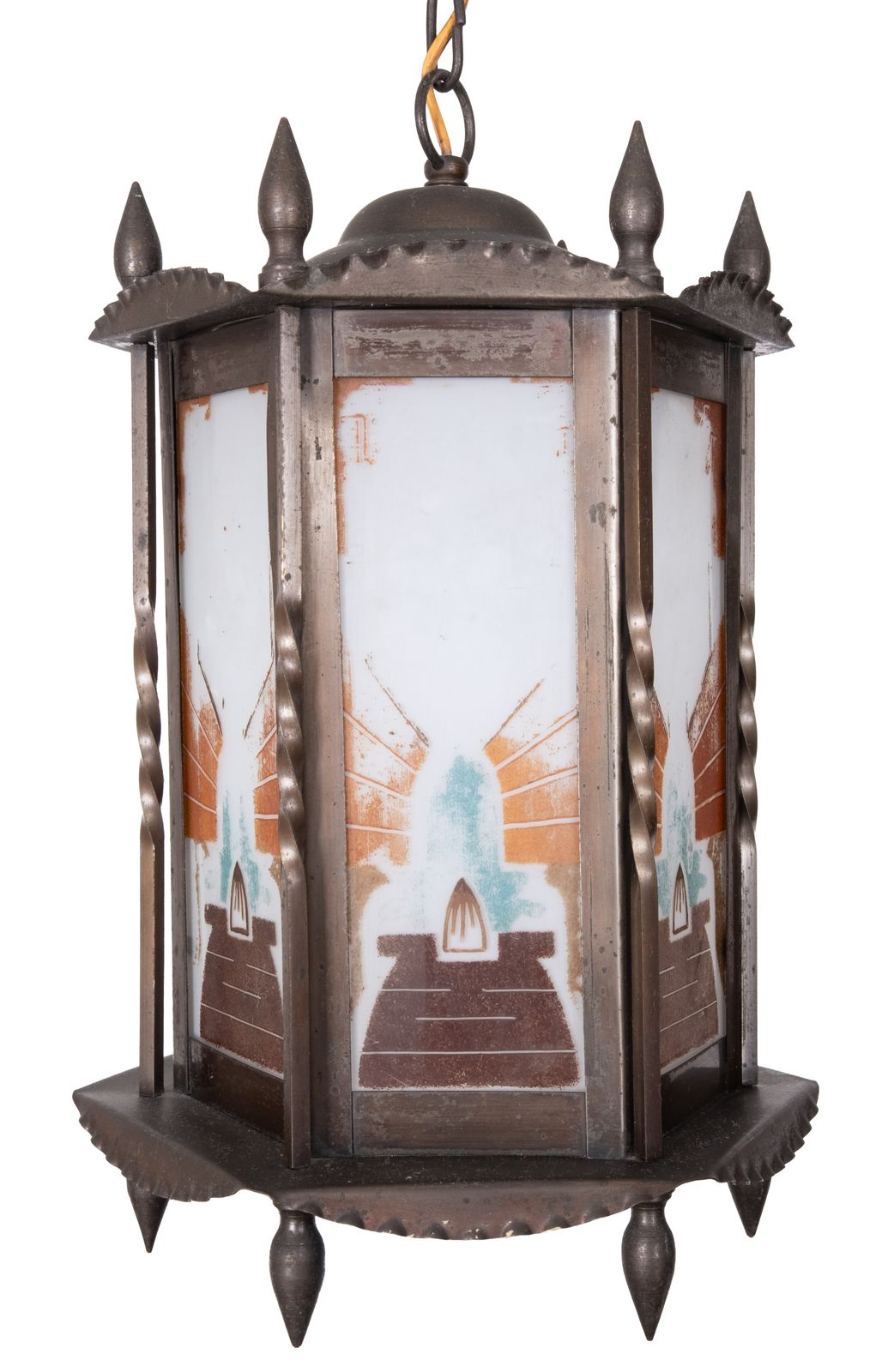 Amsterdam School Hexagonale Art Deco Lamp Met Beschilderd Glas, Nederland photo furniture