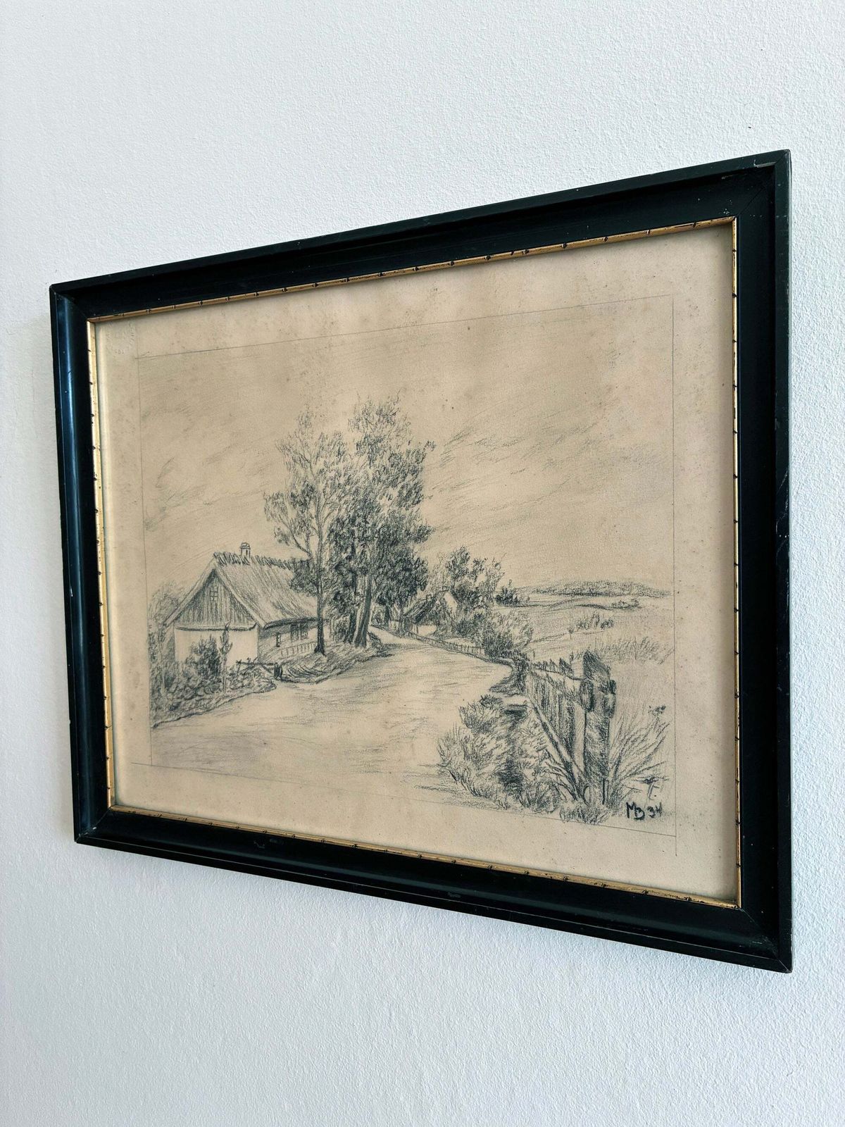 Vintage Original Farmhouse Drawing, 1934 Cottage Countryside Art