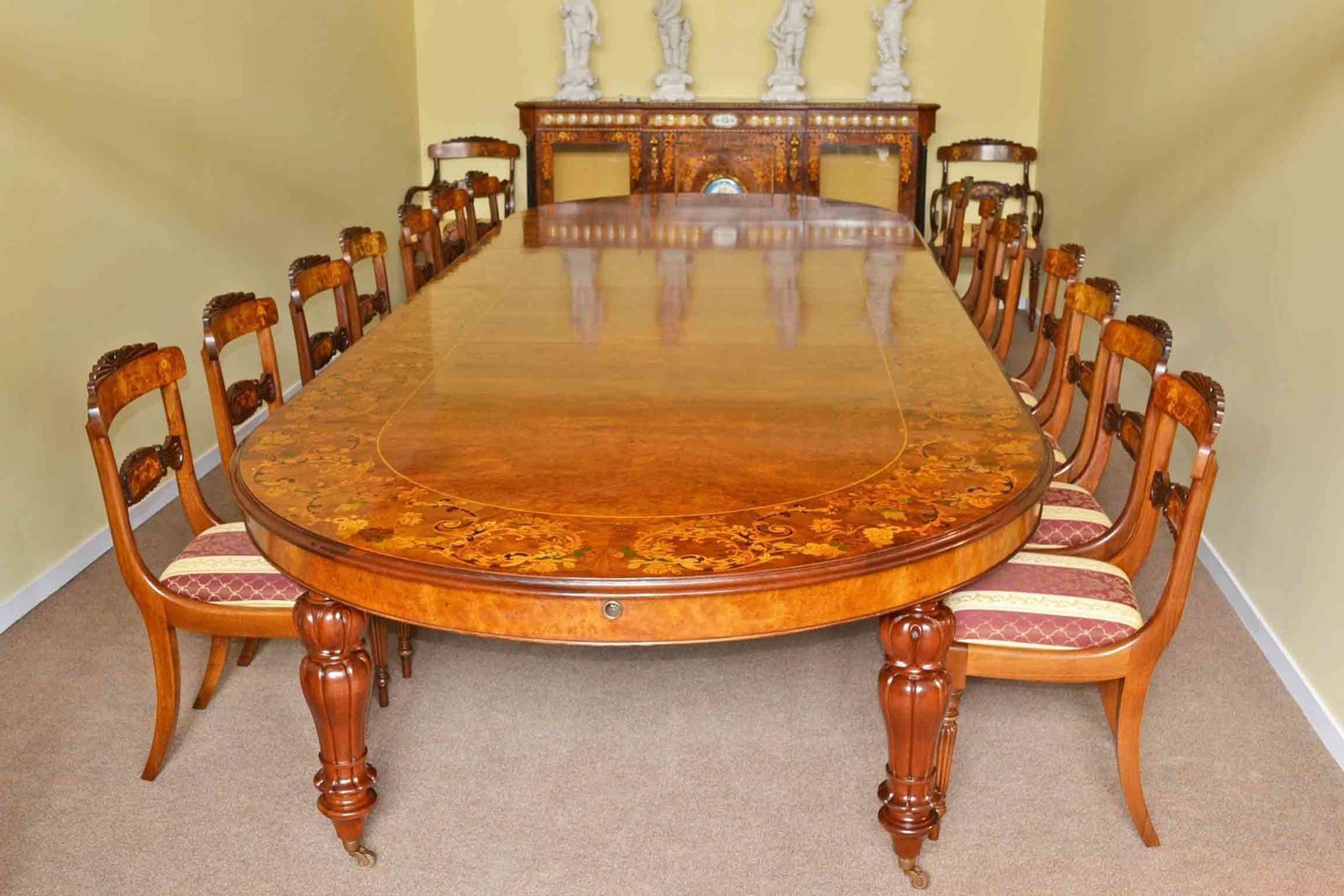 Huge Bespoke Marquetry Dining Table 16 Chairs Extending Walnut photo vinterior