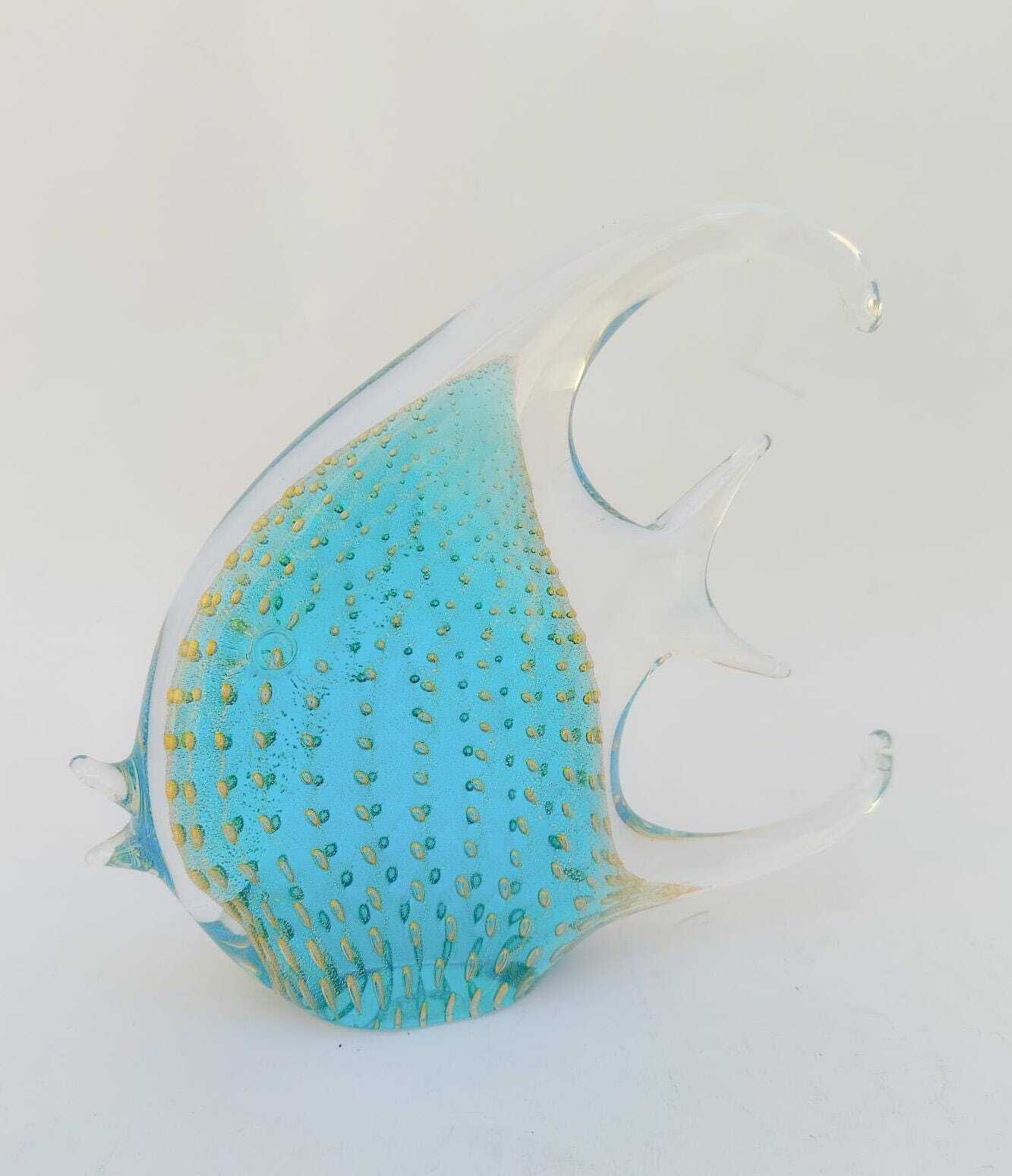 Sculpture de poisson en verre de Murano, feuille d'or turquoise vintage, par V. Nason