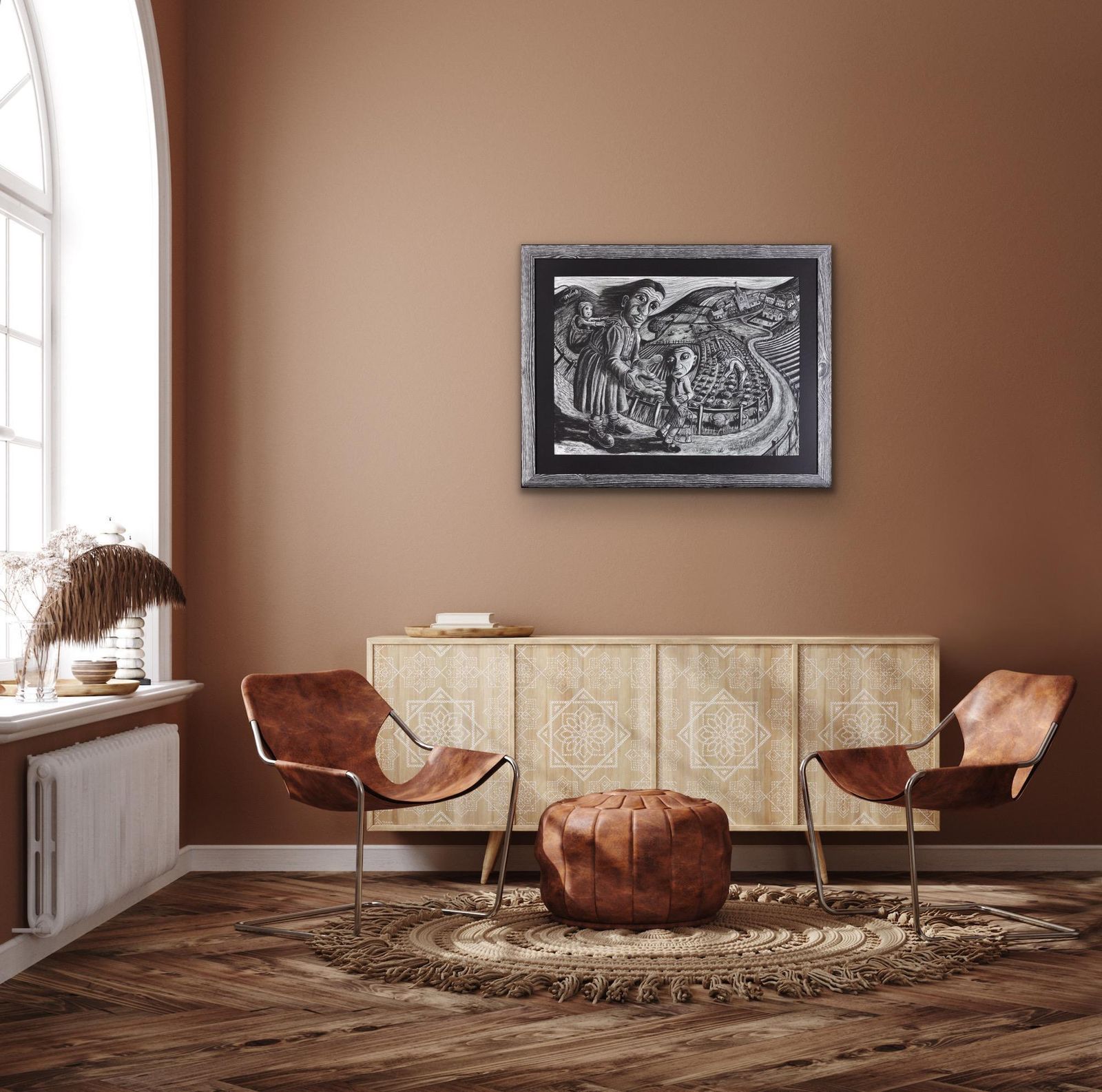 photo for sale Premier jour d'école. Pastel expressionniste encadré, souvenir d'enfance, par l'artiste gallois Julian Ruddock, né en 1965. Le chemin de l'école dans le pays de Galles rural.
