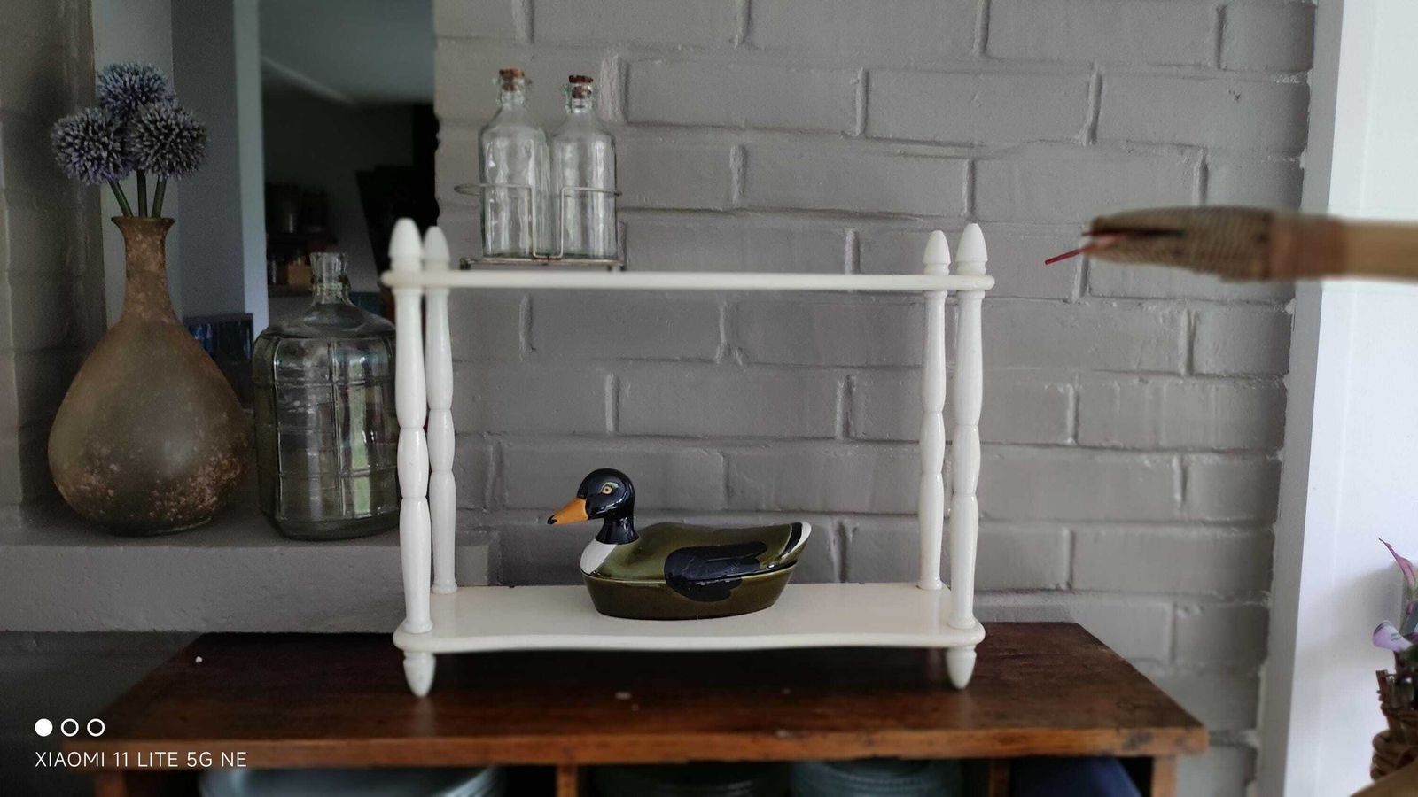 Antique French Wall Shelf In White Painted Wood With Spindle Finials photo furniture