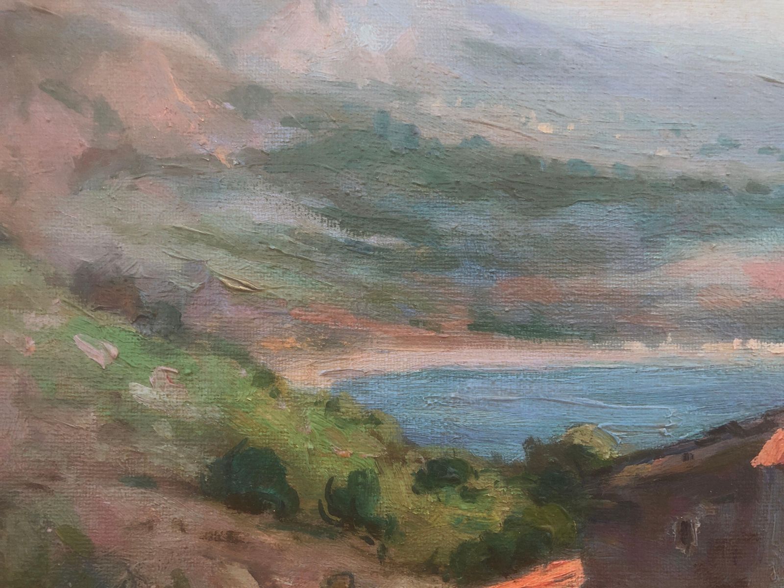 Joaquin Asensio Marine – Catalaans Mediterraan kustlandschap met boerderij – Spaans impressionistisch olieverfschilderij, ca. 1950 photo vintage