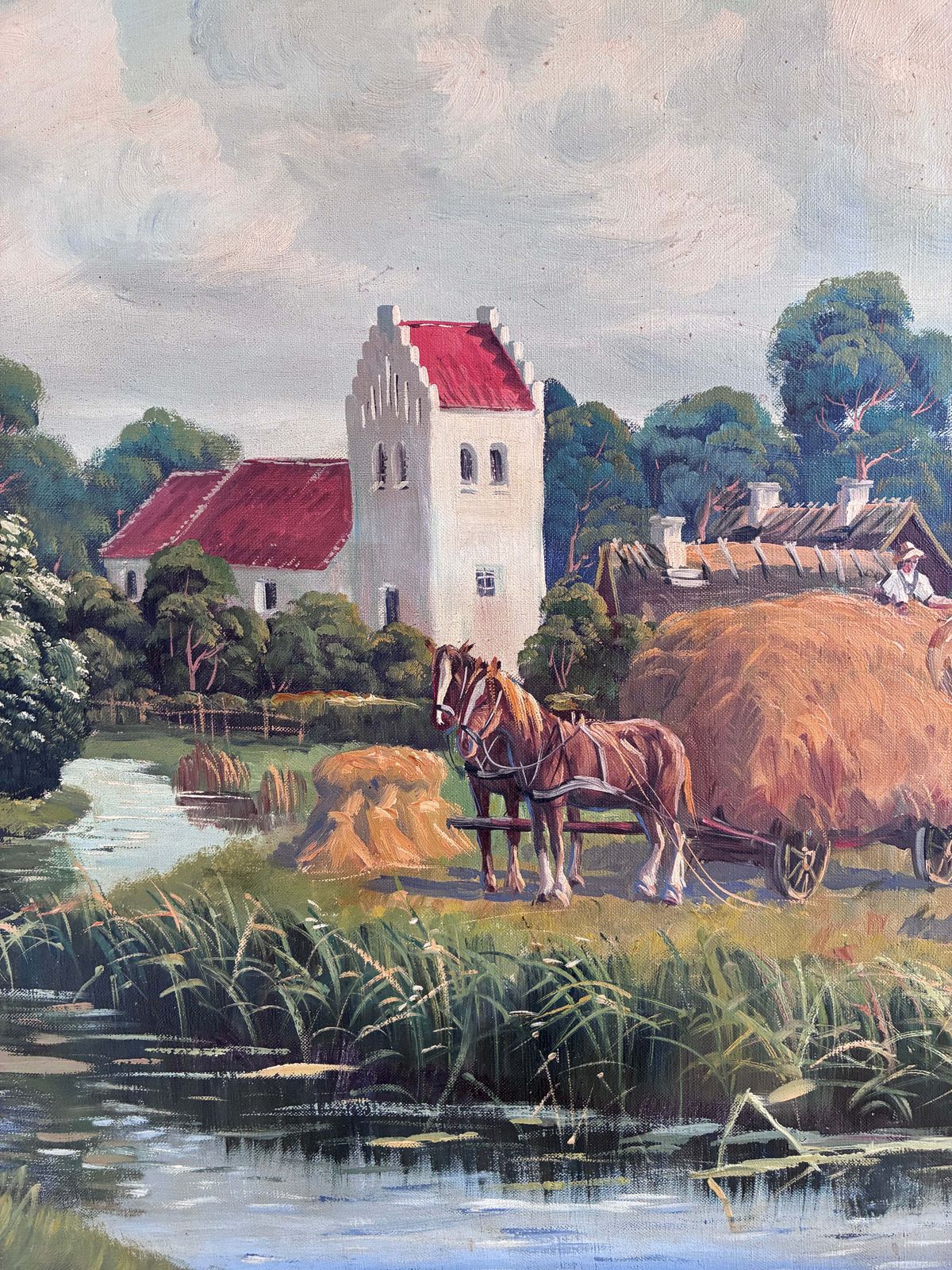 Peinture à l'huile de paysage vintage, grande taille, signée, art de campagne photo furniture