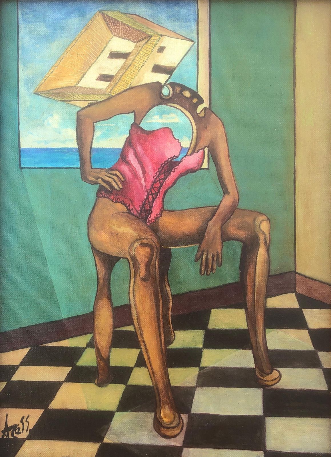 Surrealistische figuur met architecturaal hoofd in interieur, droomachtig olieverfwerk 1994