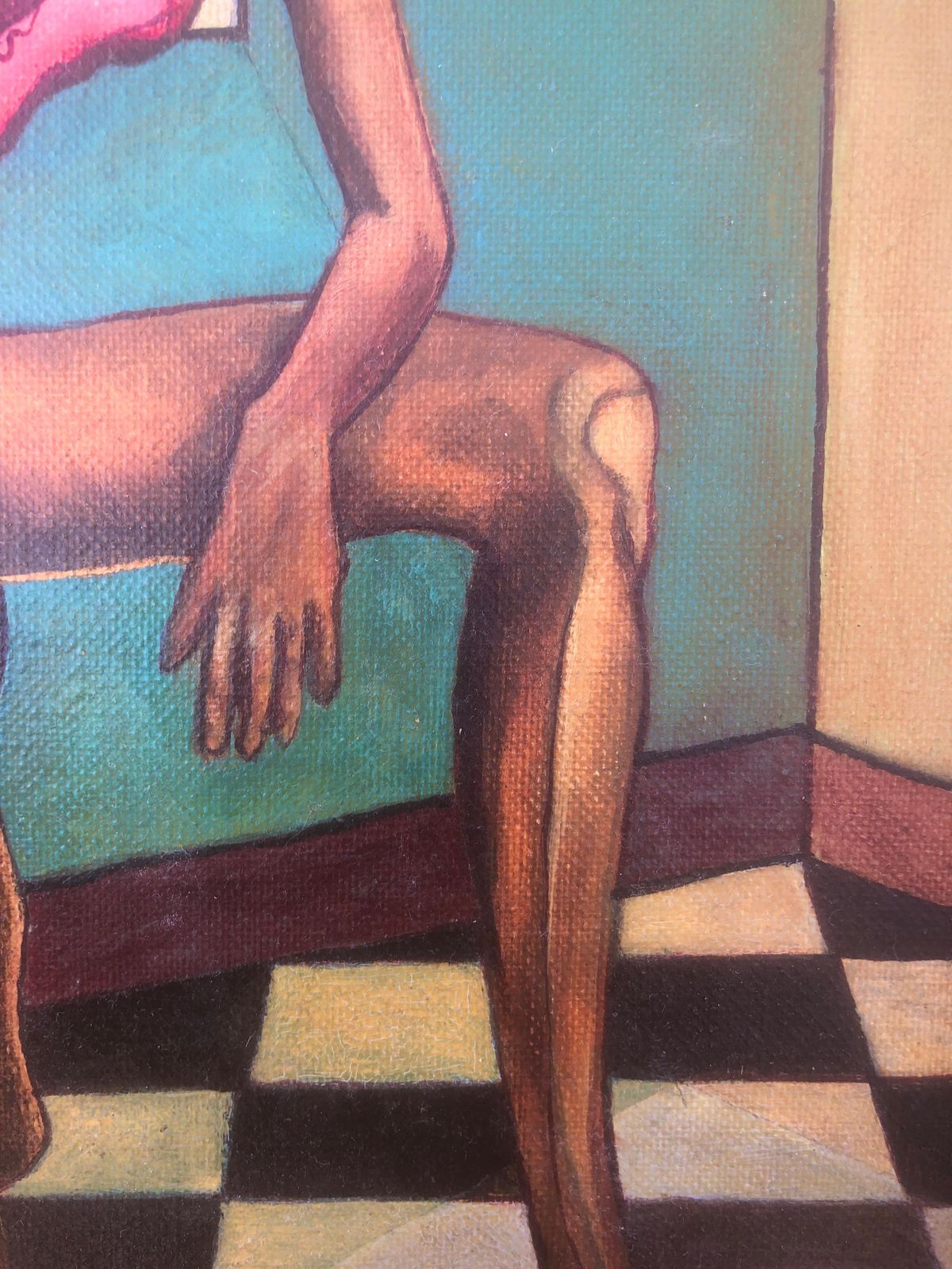 Figure surréaliste à tête architecturale en intérieur, peinture à l'huile onirique, 1994 photo 700.0