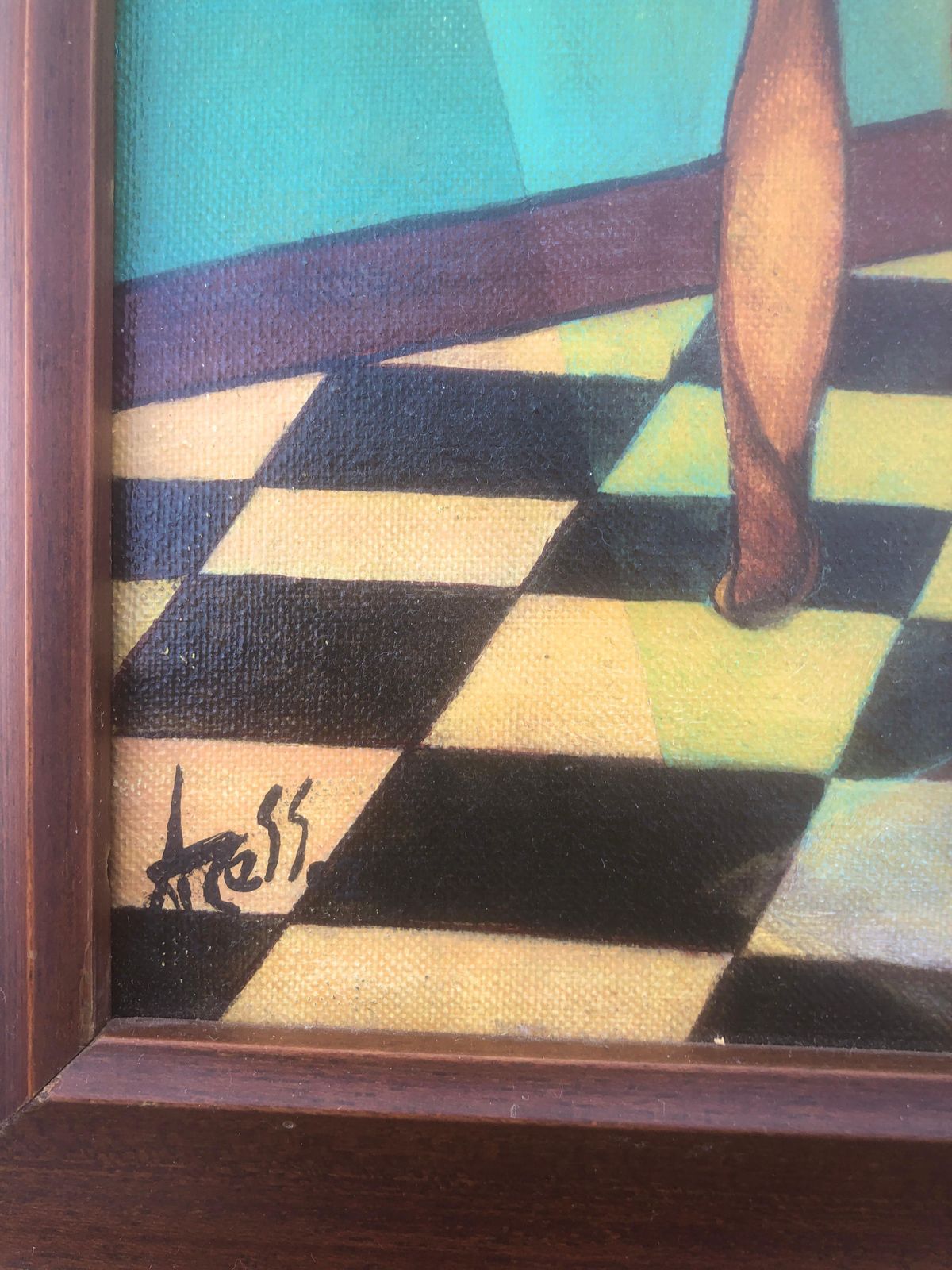 Figure surréaliste à tête architecturale en intérieur, peinture à l'huile onirique, 1994 photo buy