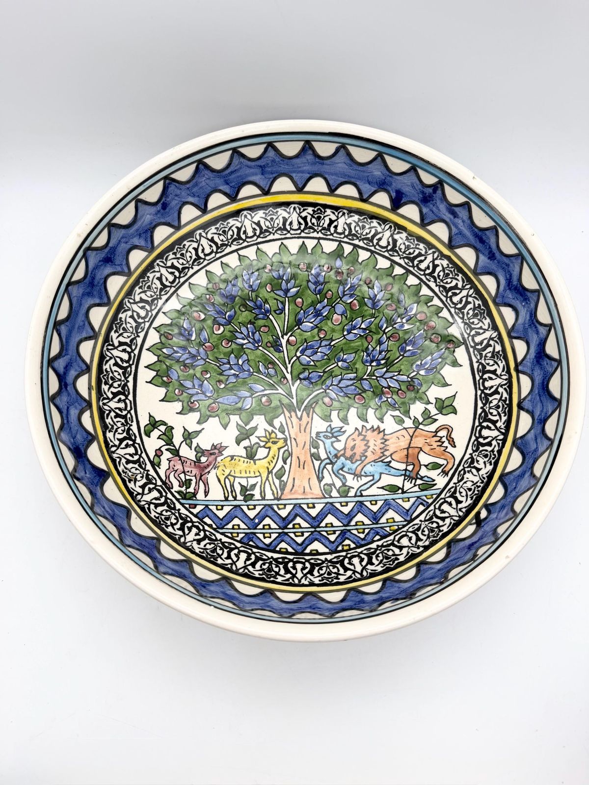 Vintage Large Hand Painted Ceramic Bowl, Tree Of Life Wall Mounted Bowl, Hand Painted Animal Folk Art Bowl photo furniture