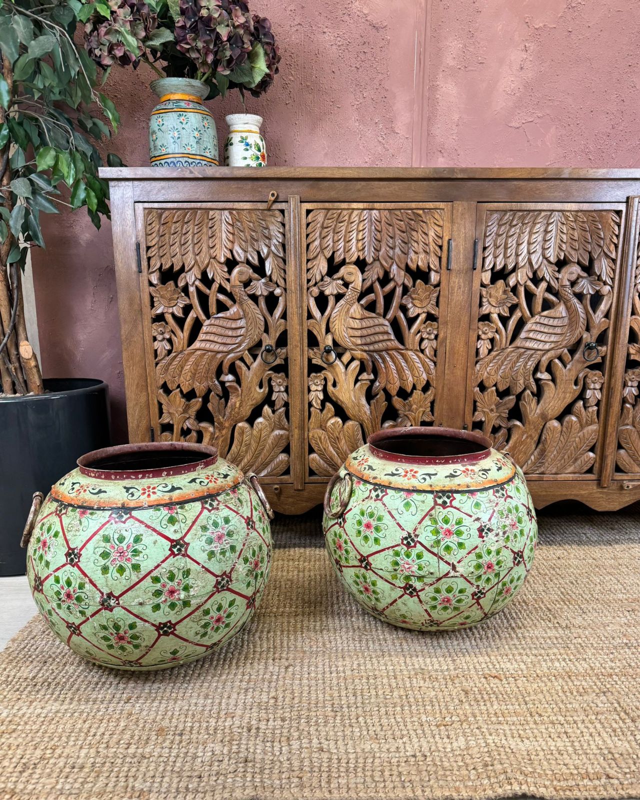 Hand Carved Mango Wood Peacock 4 Door Sideboard photo for sale