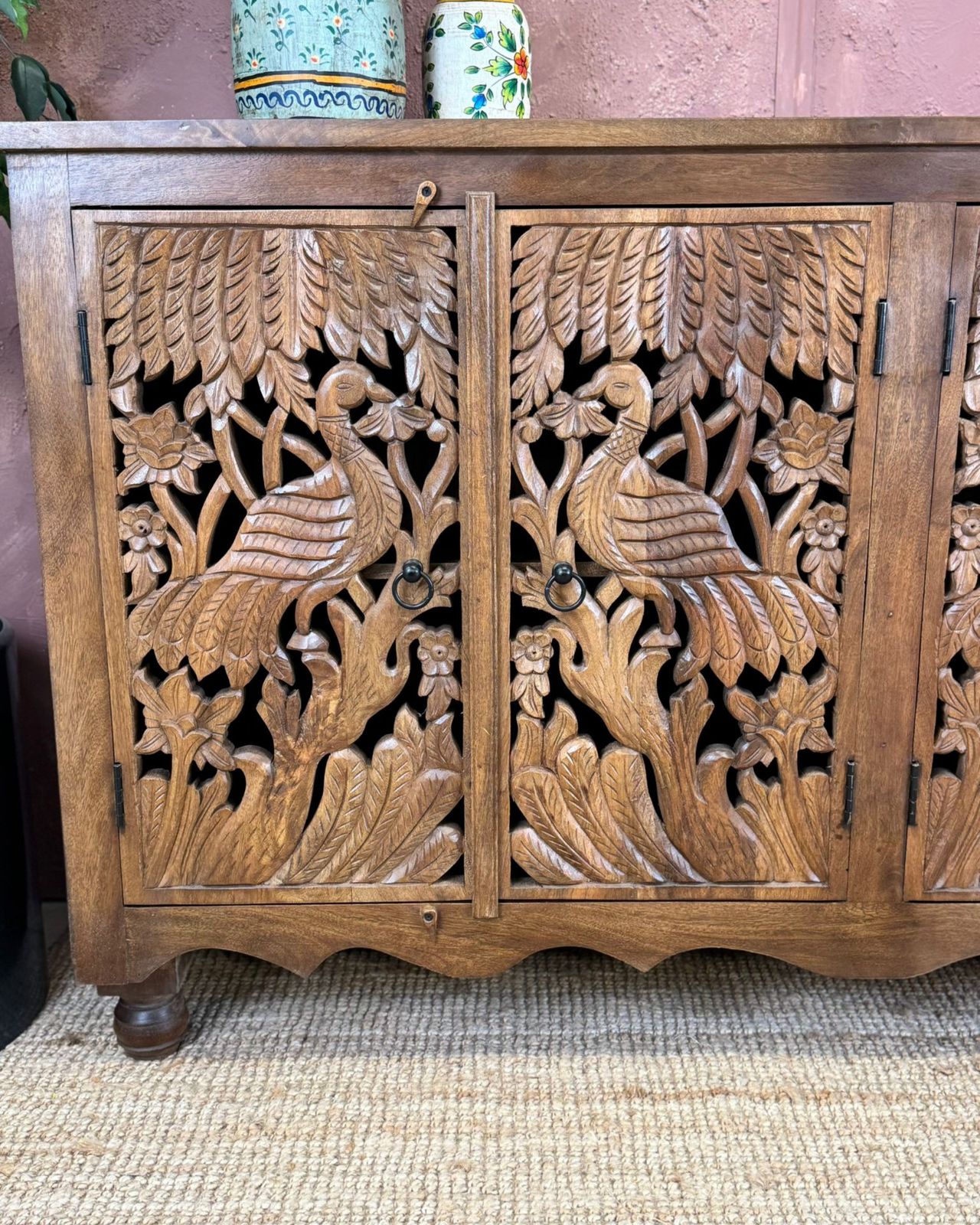 Hand Carved Mango Wood Peacock 4 Door Sideboard photo Furniture