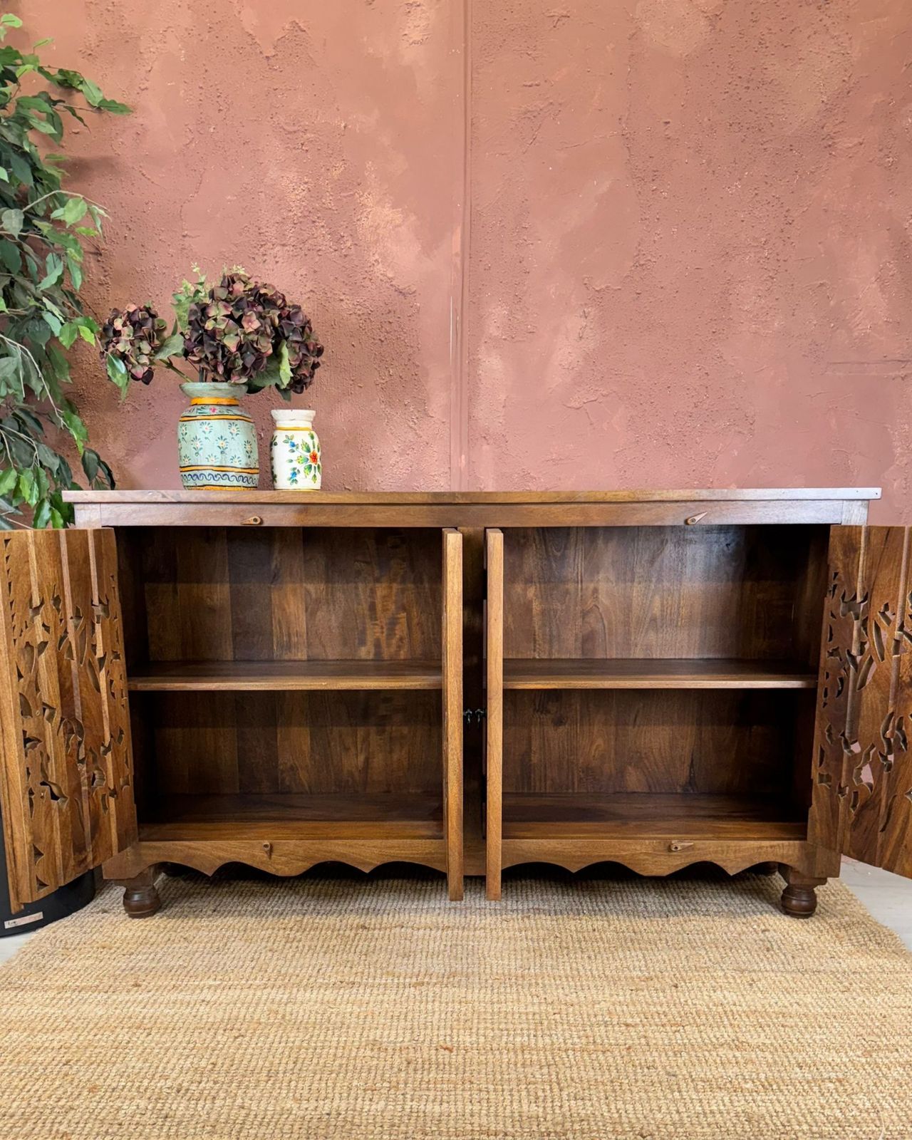 Hand Carved Mango Wood Peacock 4 Door Sideboard photo 895.0