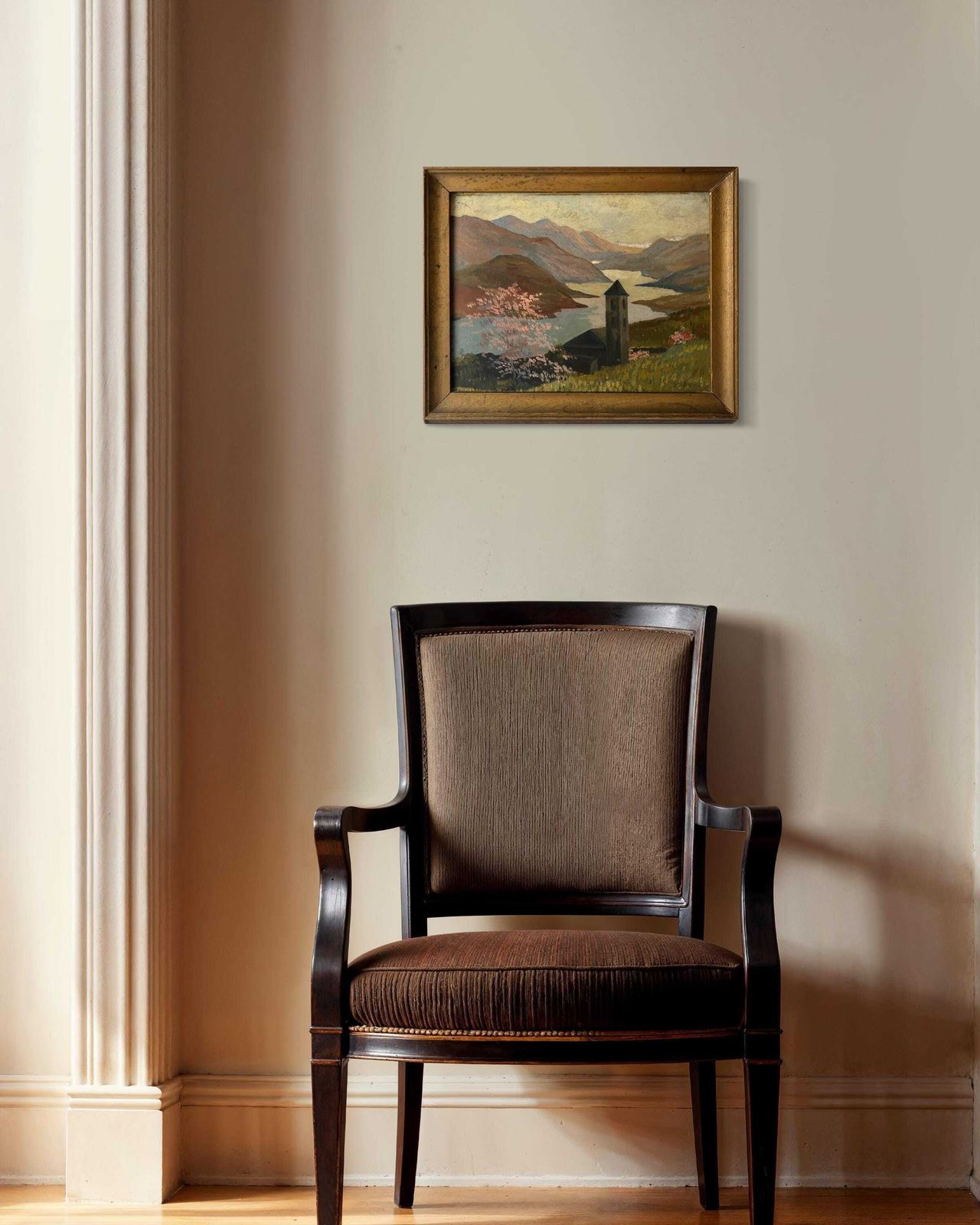 Original 1940s Italian Mountains Landscape Painting, Antique Lake Oil On Panel, Framed Picture photo for sale