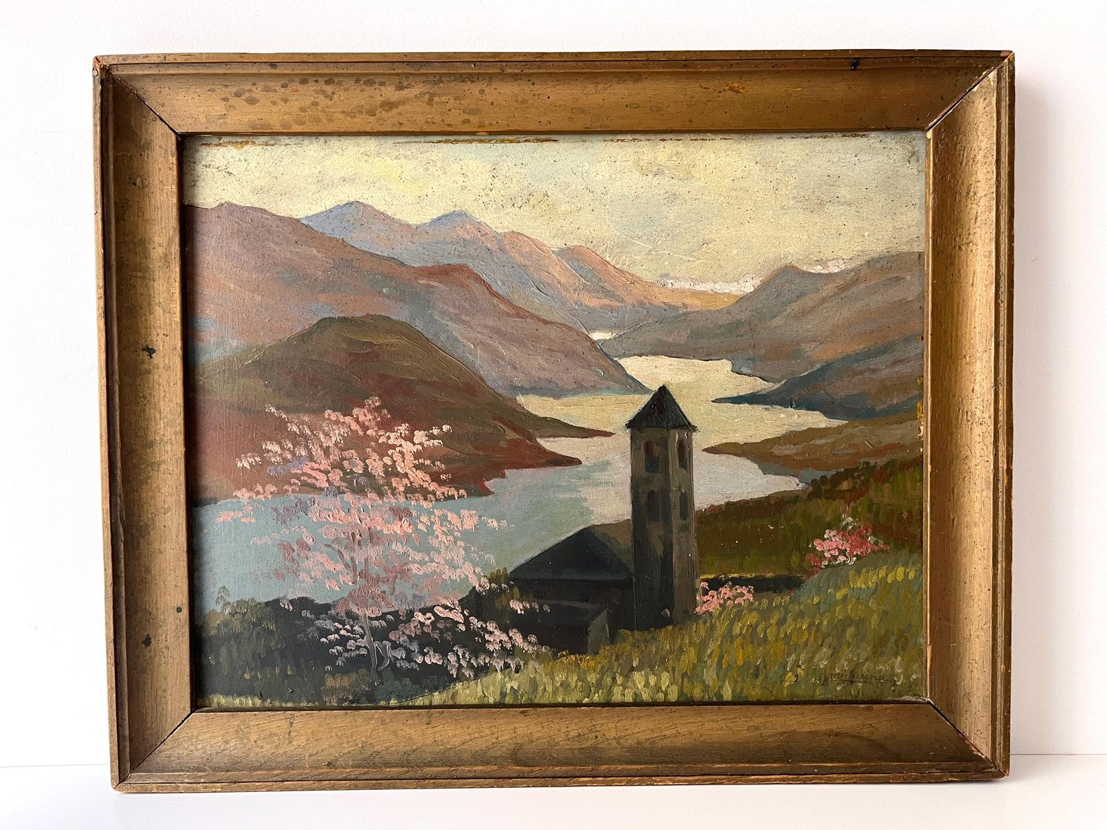 Original 1940s Italian Mountains Landscape Painting, Antique Lake Oil On Panel, Framed Picture photo Art