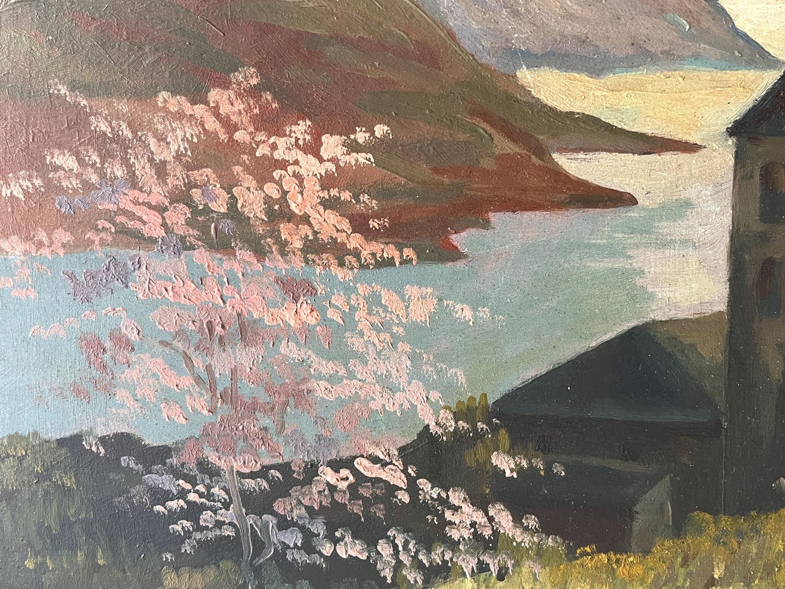 photo furniture Original 1940s Italian Mountains Landscape Painting, Antique Lake Oil On Panel, Framed Picture