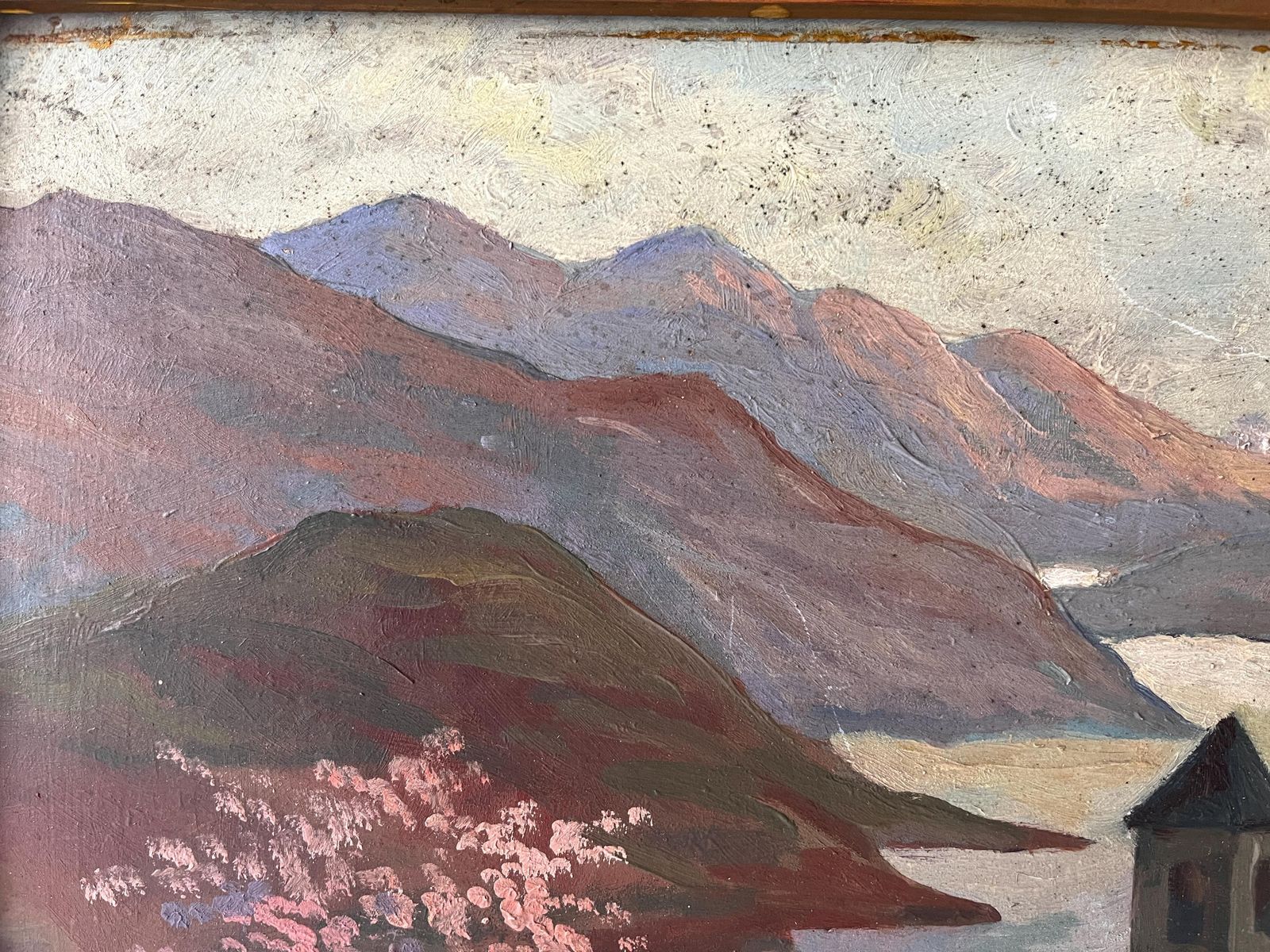 photo buy Original 1940s Italian Mountains Landscape Painting, Antique Lake Oil On Panel, Framed Picture