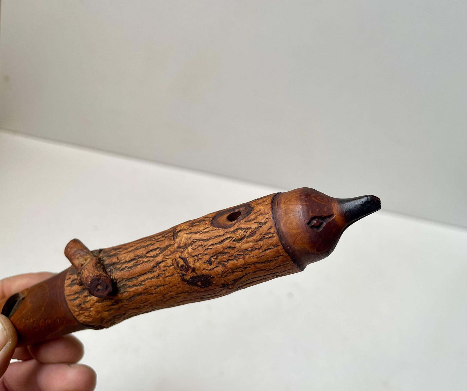 Antique & Rustic Swiss Bird Whistle In Hand Carved Cedar Wood photo for sale