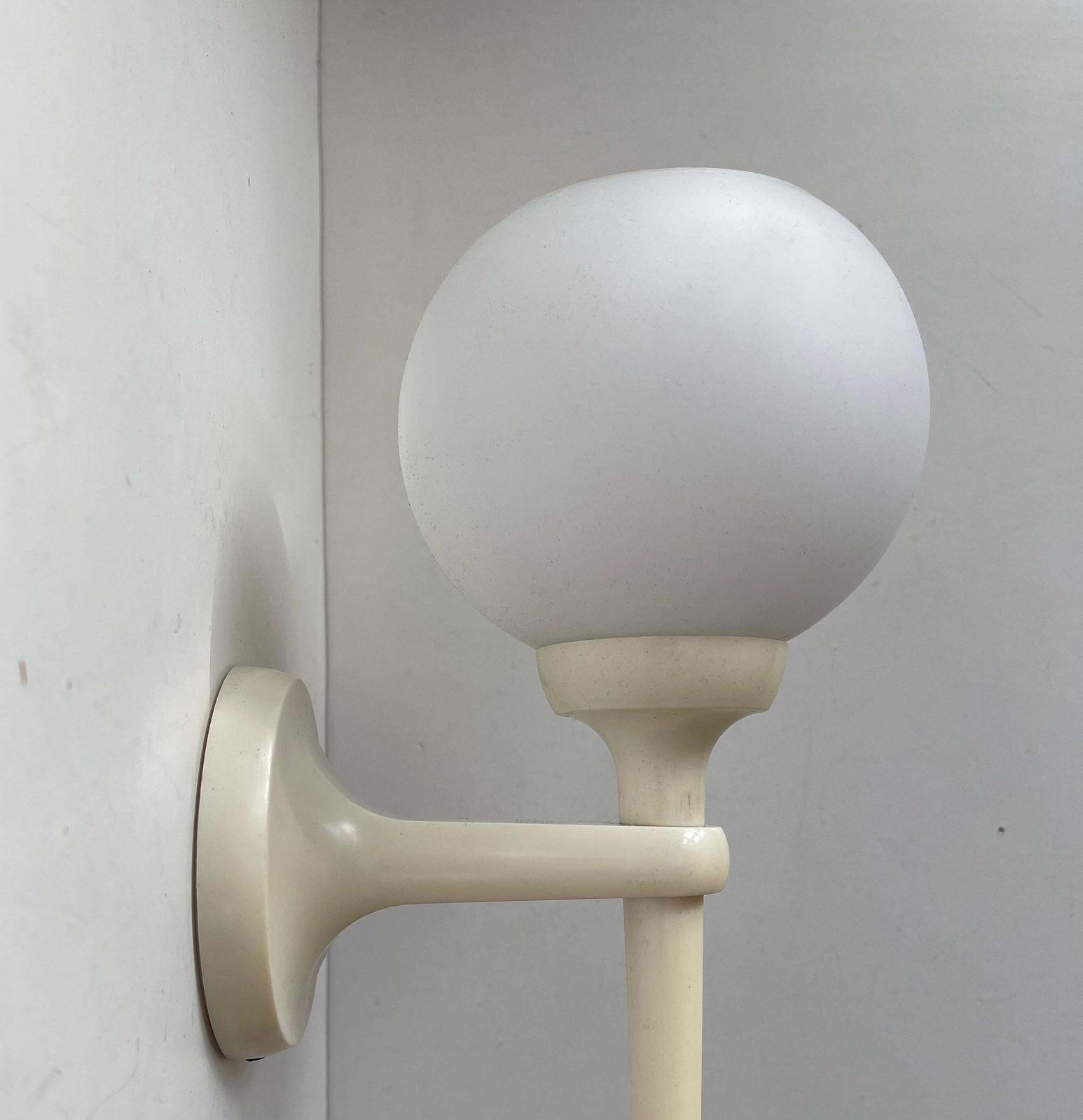 Vintage Scandinavian Space Age Wall Sconce In Cream Acrylic & Orb Glass, 1970s photo for sale
