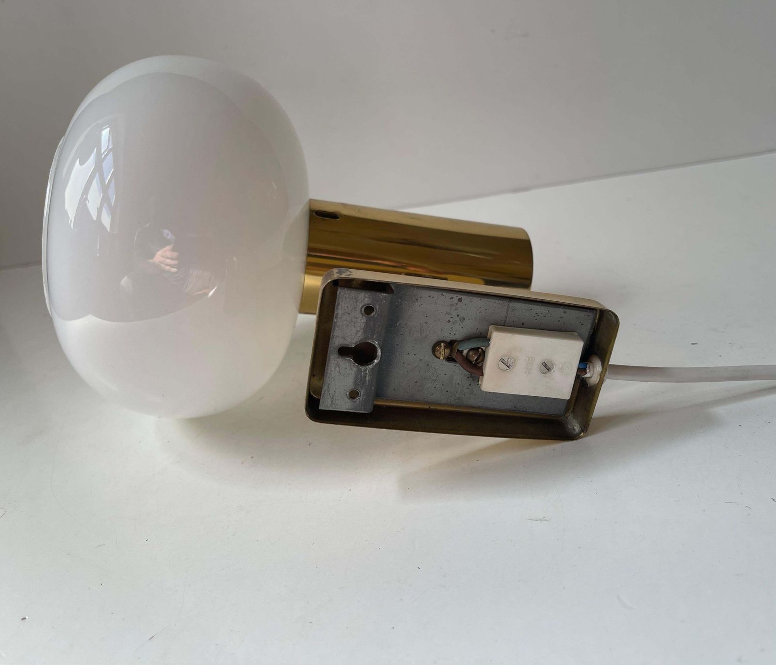 photo furniture Scandinavian Modern Brass Wall Lamp With Opaline Glass Mushroom Shade, 1960s