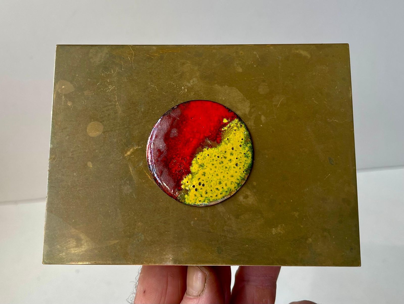 Patinated Scandinavian Art Deco Cigar Box In Brass & Enamel, 1930s photo Home Decor
