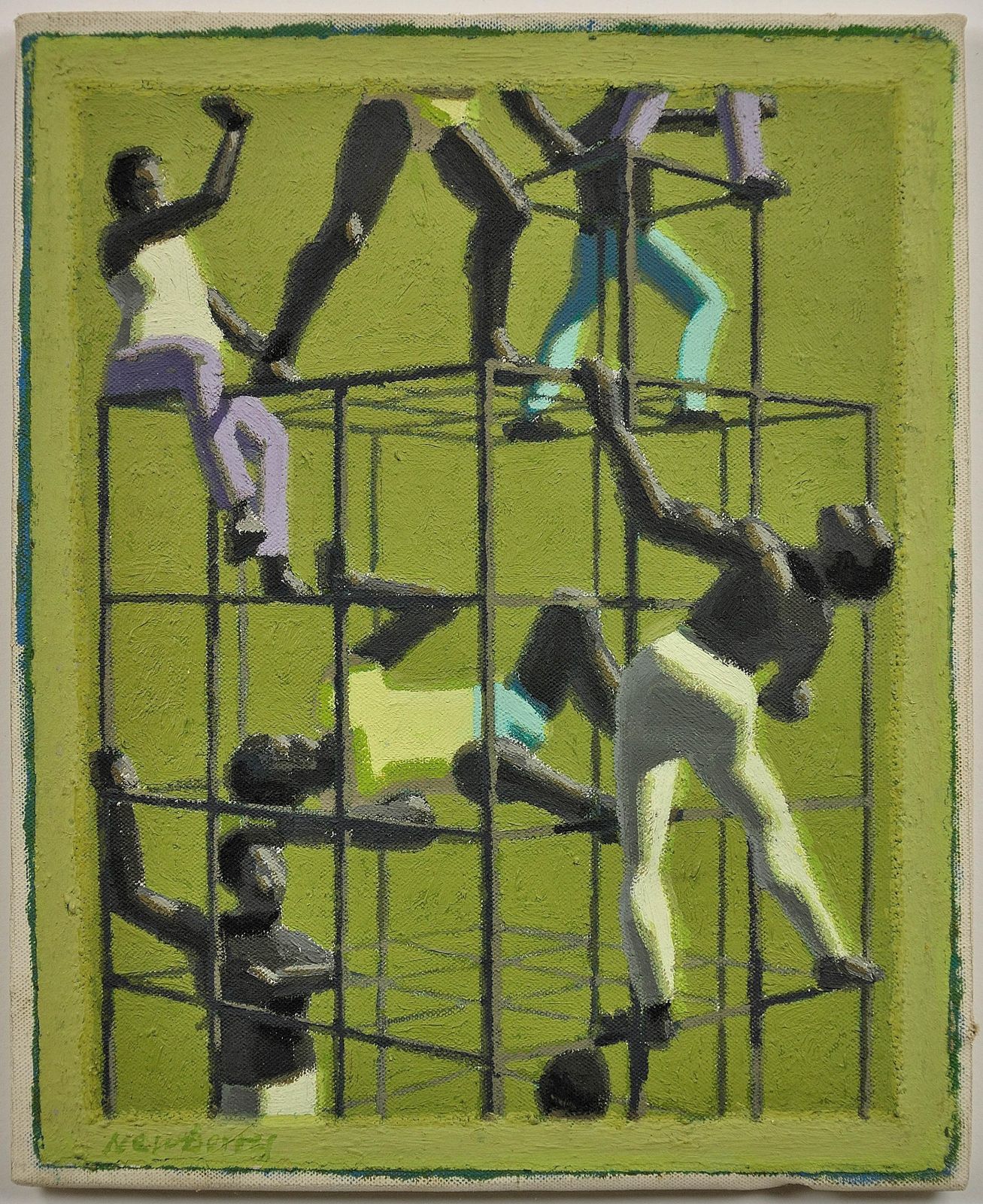 John Coverdale Newberry B.1934. English. The Climbers, 1970. Framed Mid 20th Century Postmodern Figuration Oil Painting. Ruskin School, Oxford. photo furniture