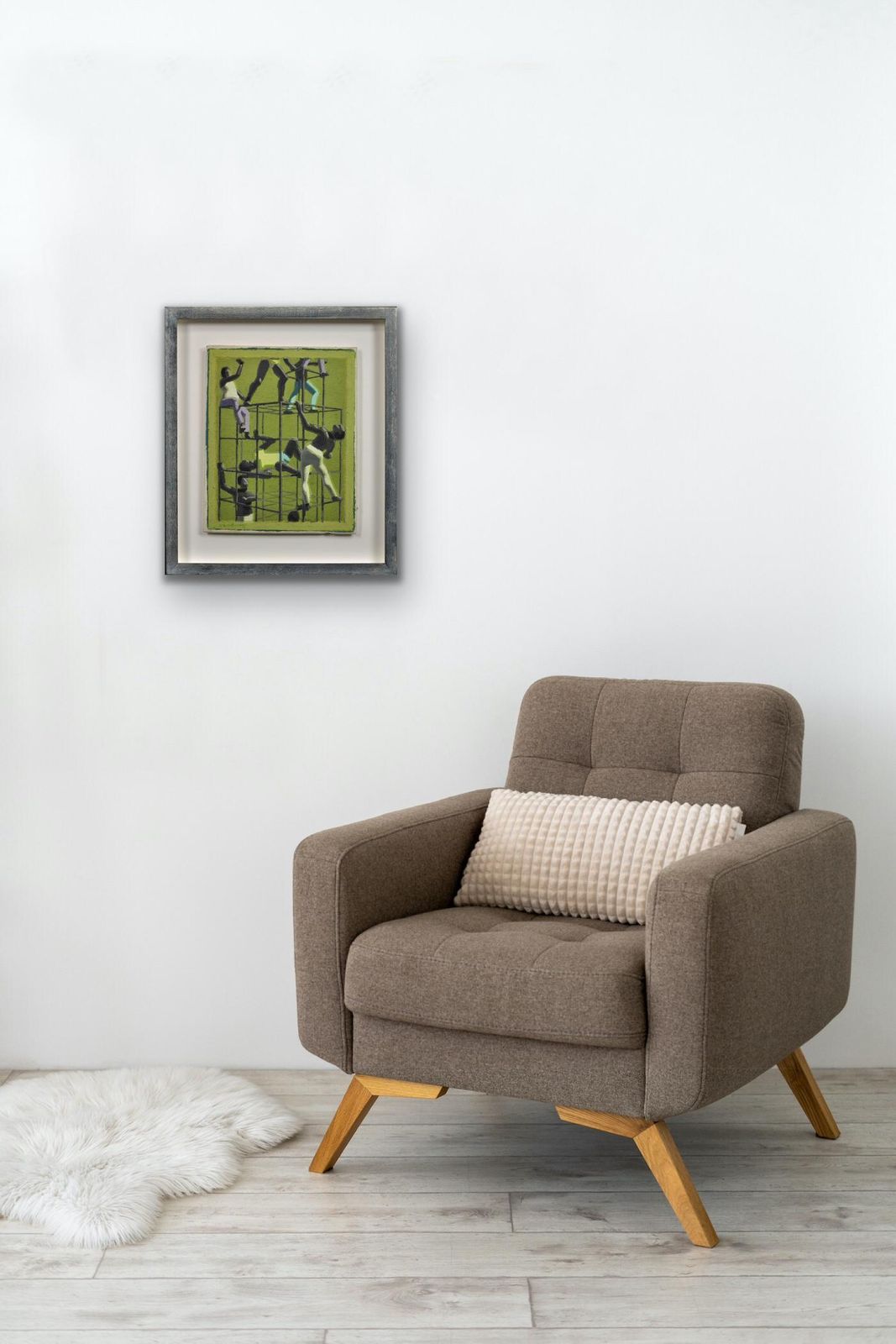 photo furniture John Coverdale Newberry, né en 1934. Britannique. The Climbers, 1970. Peinture à l'huile figurative postmoderne mid-century, encadrée. Ruskin School, Oxford.