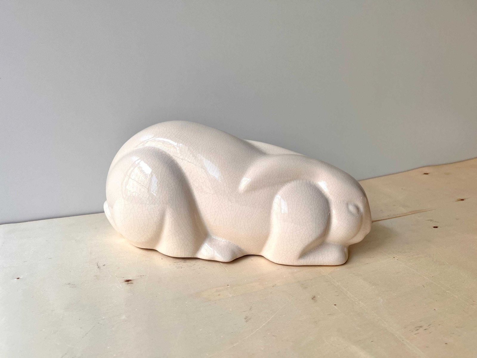 Large Art Deco Rabbit In French Cracked Earthenware, Saint Germain Factory, Vintage Animal Sculpture