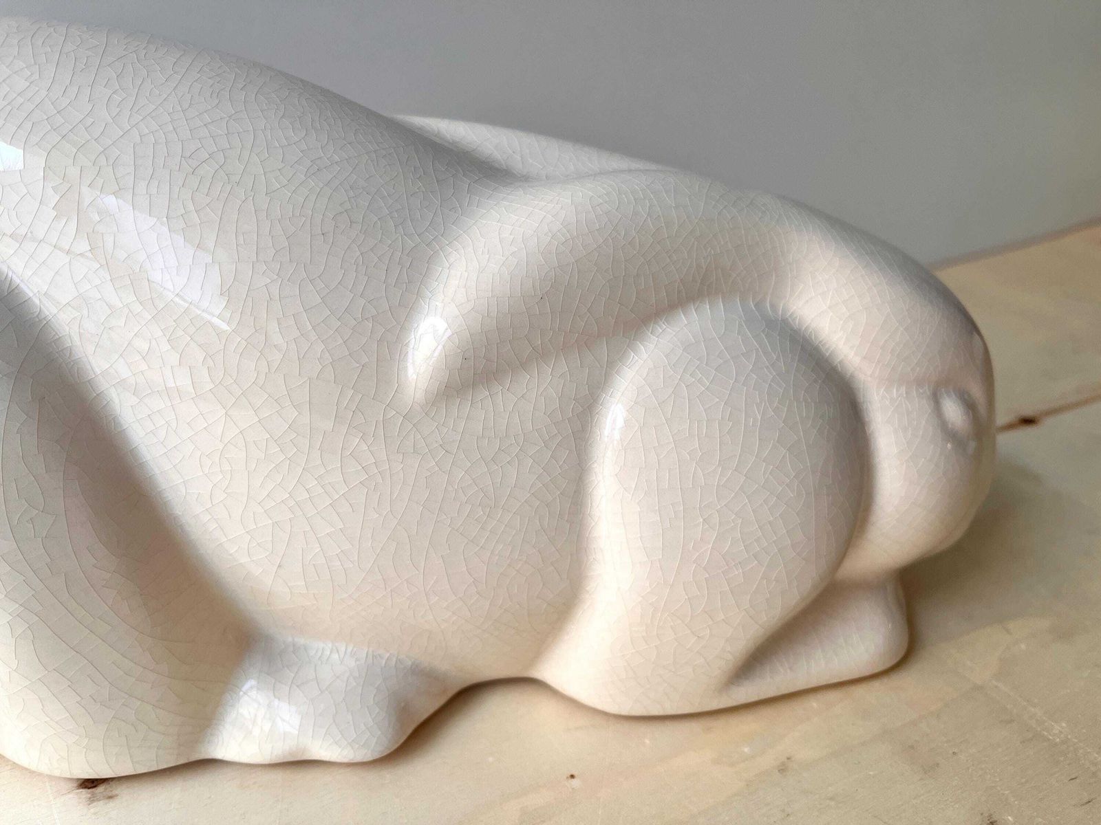 Large Art Deco Rabbit In French Cracked Earthenware, Saint Germain Factory, Vintage Animal Sculpture photo vintage