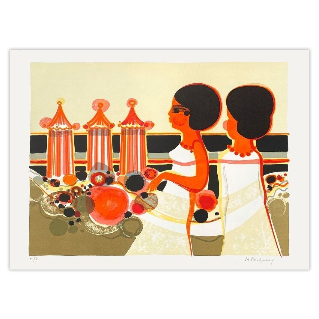 Frédéric Menguy Gesigneerde Lithografie 1975   Les Angéliques   La Plage II (Avec Marges)