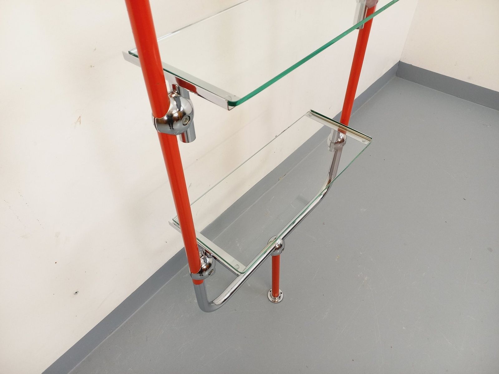 Bauhaus Bookcase In Red Metal, Chrome And Glass photo 2247.0