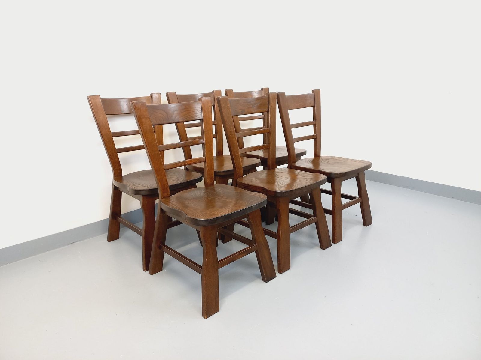 6 Brutalist Eiken Stoelen, jaren 1950