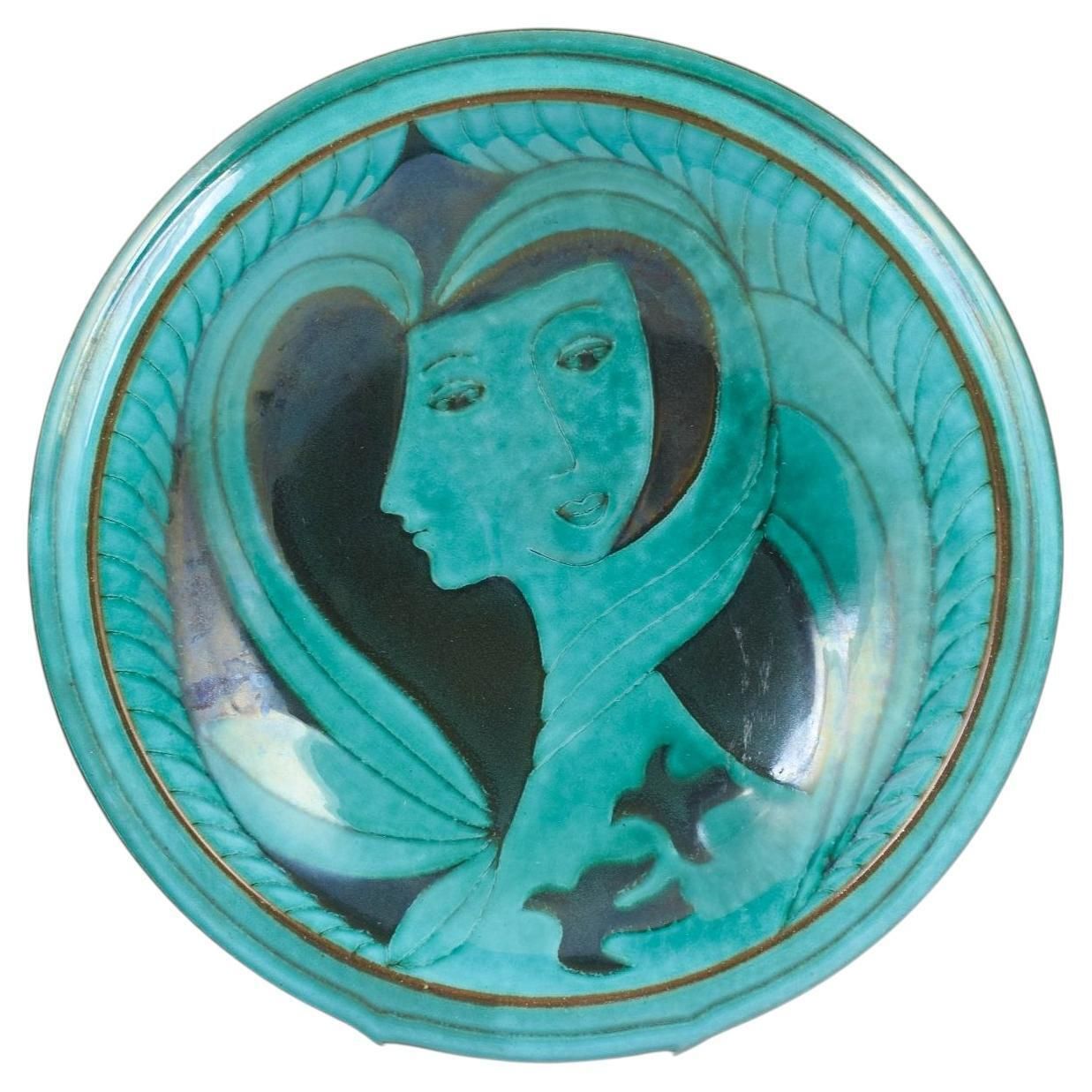 Anna Lisa Thomson, Upsala Ekeby. Stoneware schaal met gestileerd figuratief motief.