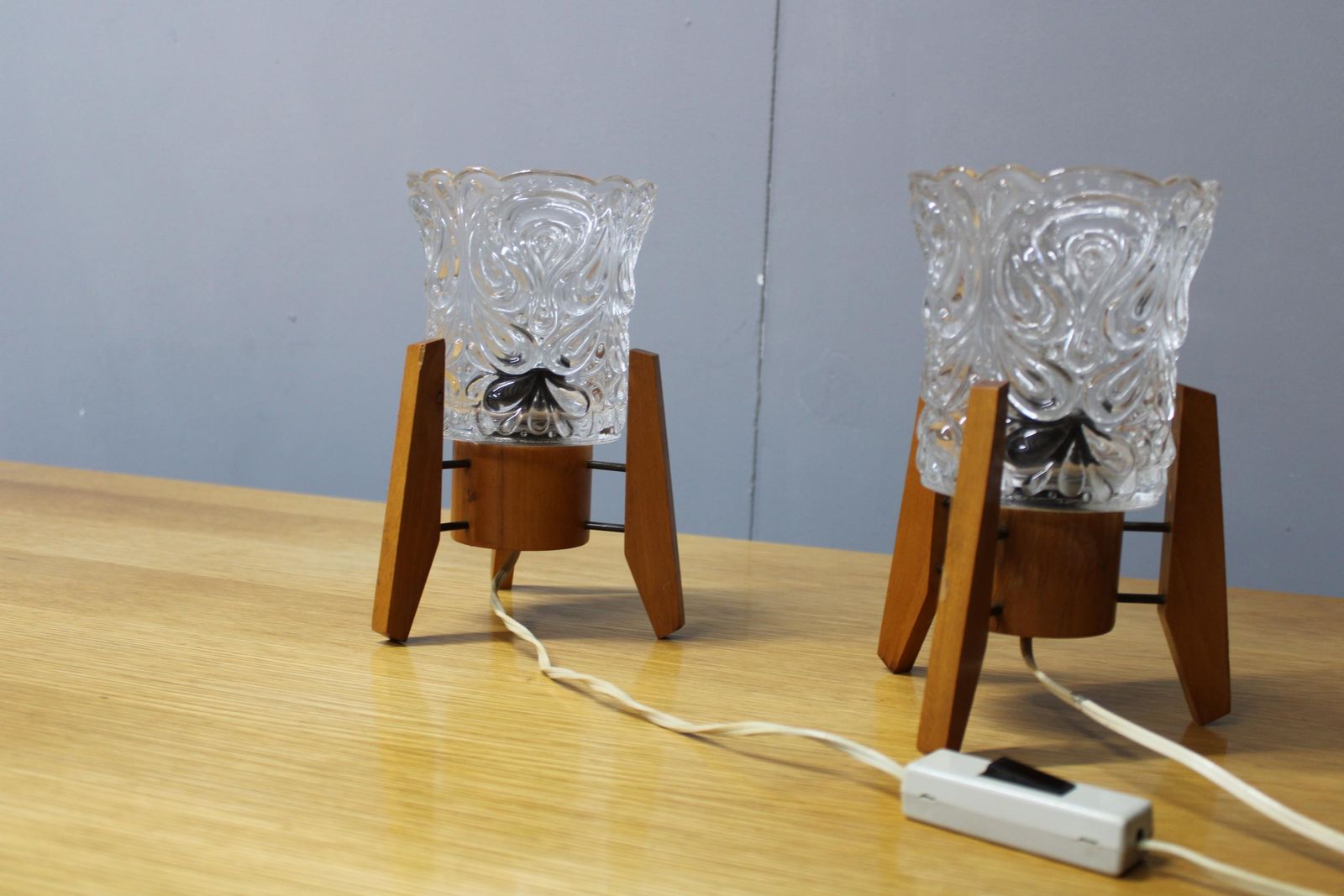 Pair Czech 1970s Wood And Glass Mid Century Table Lamps photo furniture