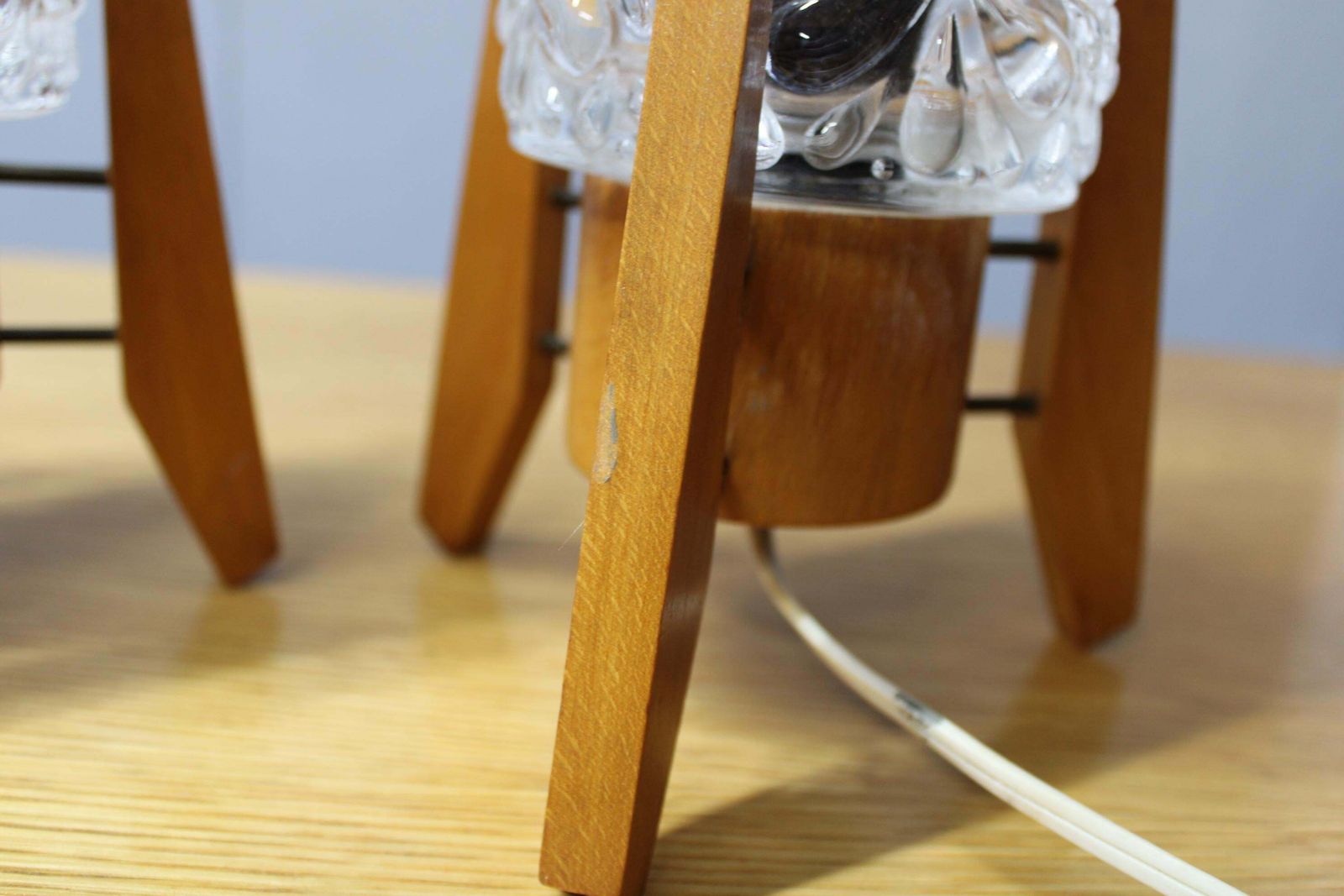 Pair Czech 1970s Wood And Glass Mid Century Table Lamps photo for sale