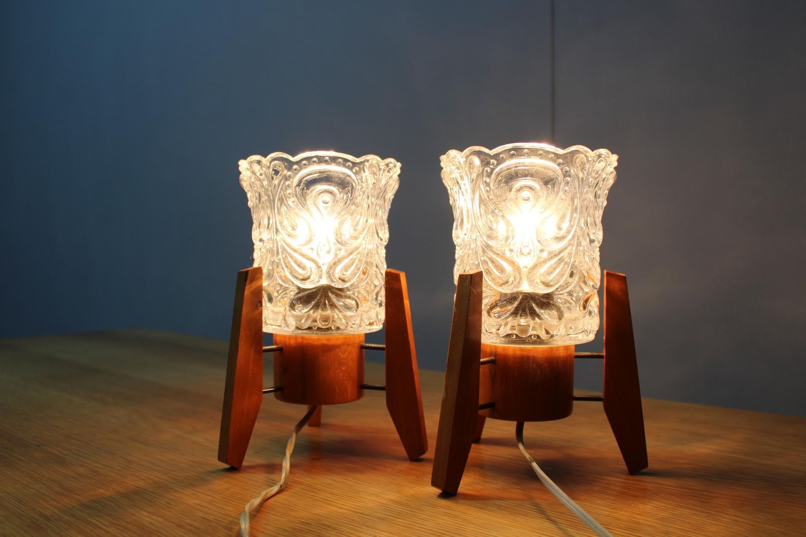 photo furniture Pair Czech 1970s Wood And Glass Mid Century Table Lamps