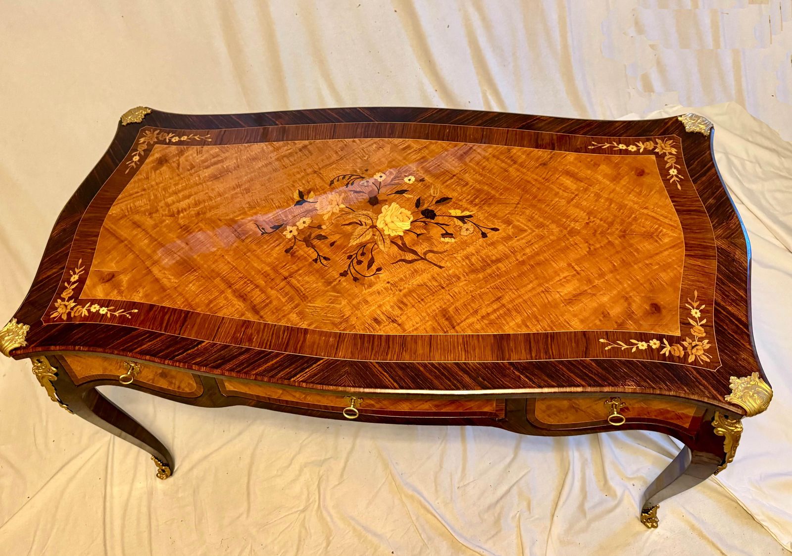 photo furniture French Louis XV Style Dame Bureau Plat, Desk With Marquetry And Bronze Mounting