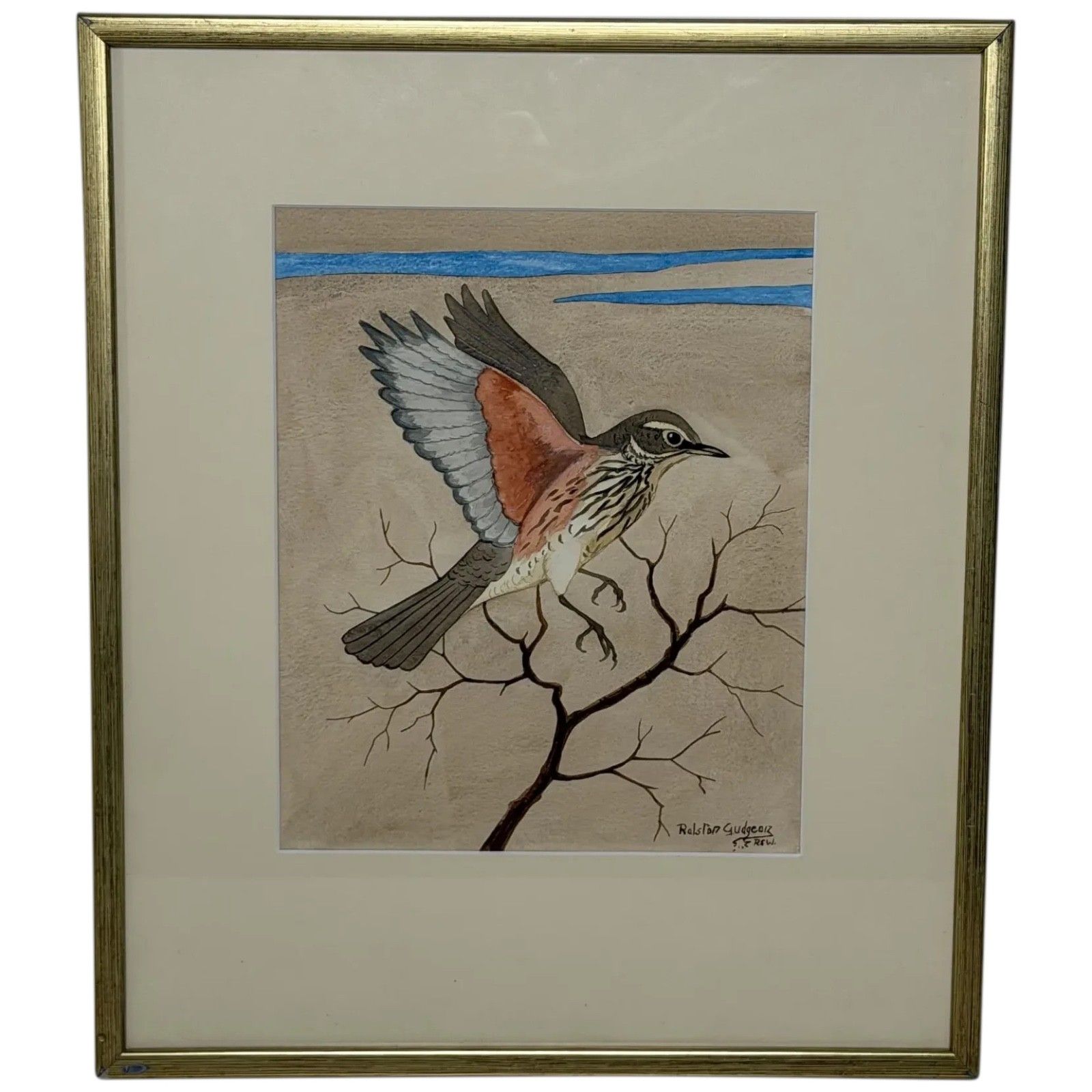 Mid-Century schilderij Redwing vogel, gesigneerd door Ralston Gudgeon
