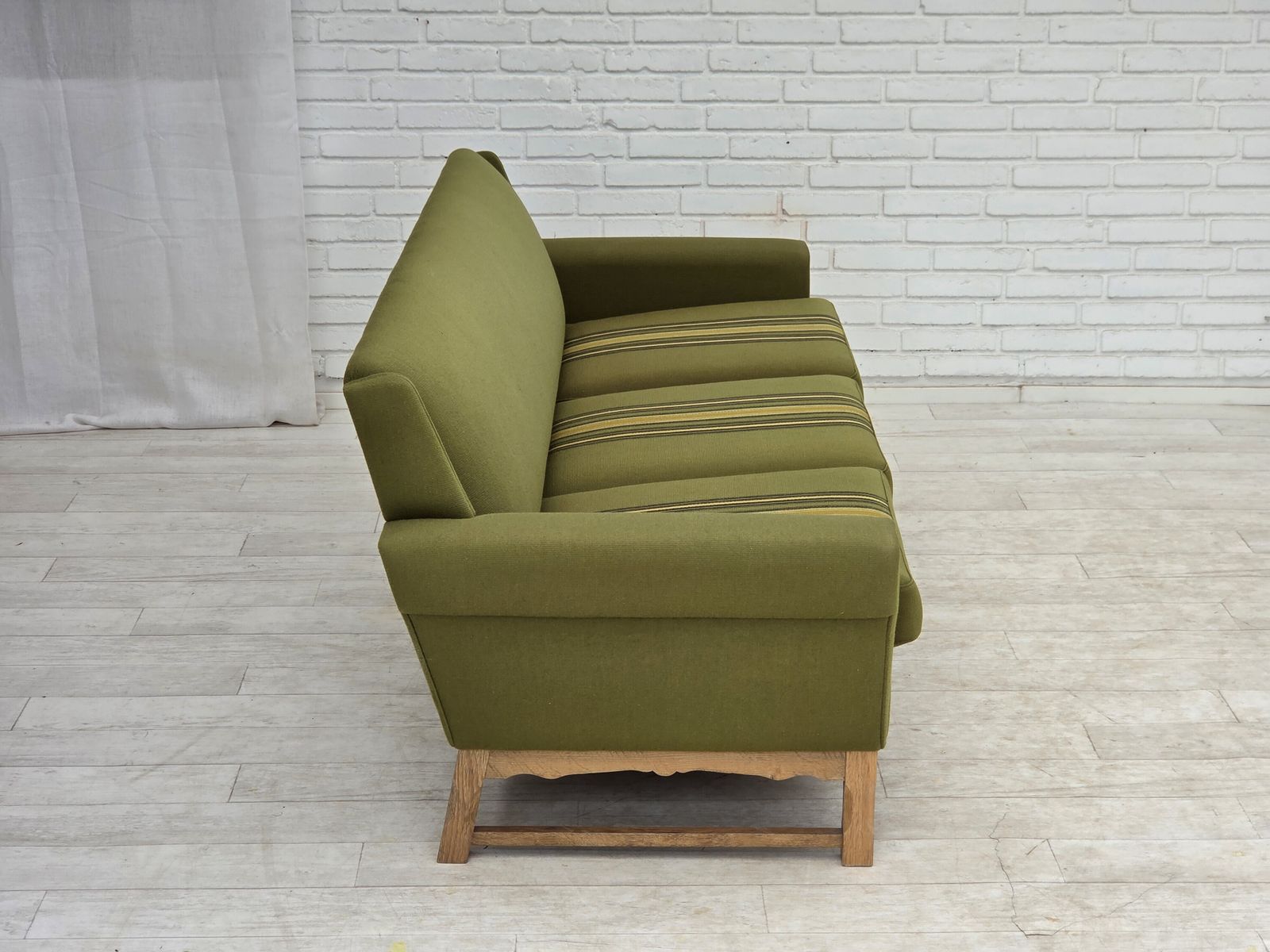 Furniture 1970s, 3 Seater Danish Sofa, Green Furniture Wool, Oak Wood. photo