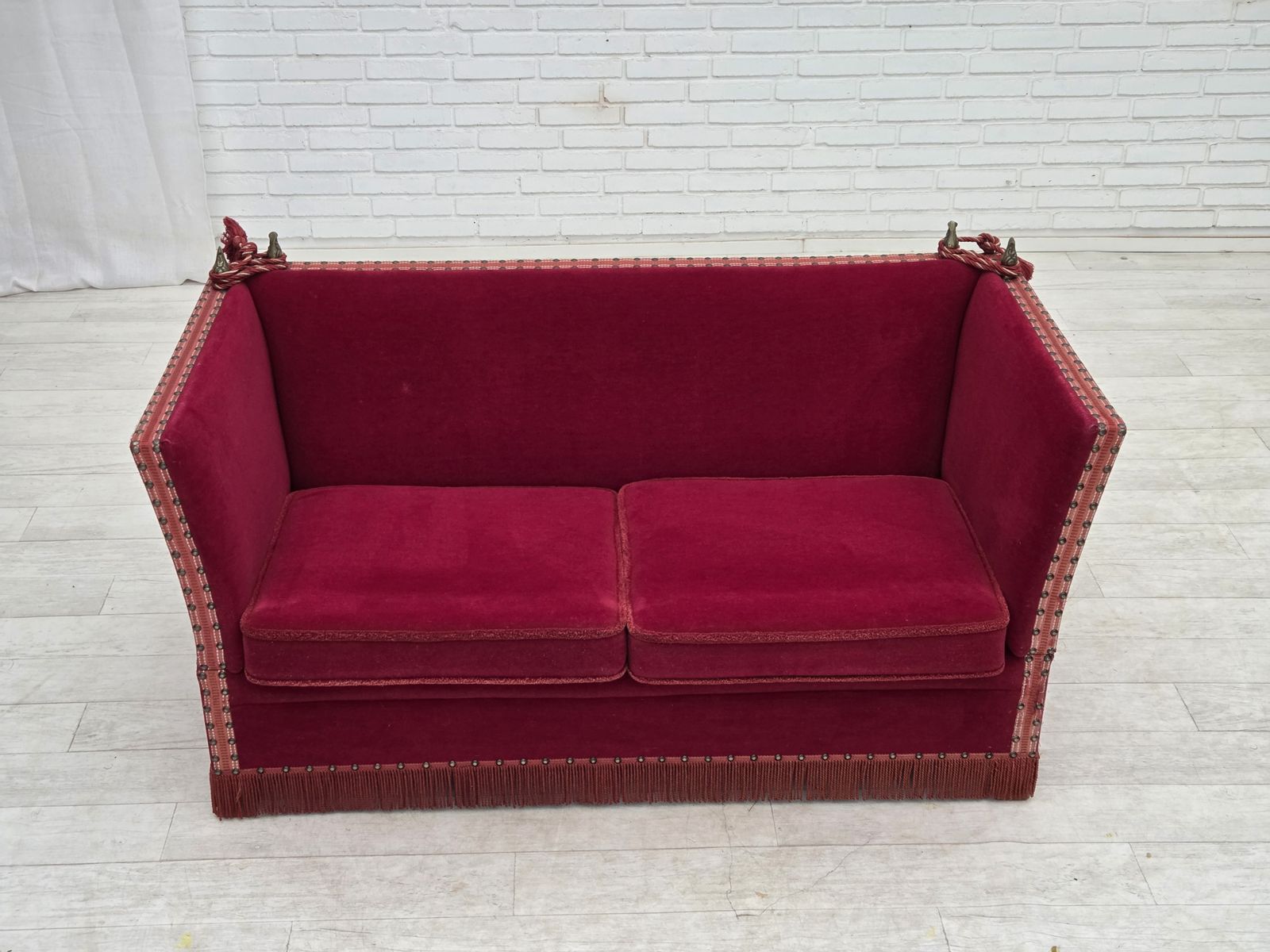 1970s, Danish 2 Seater Drop Arm "Spanish" Sofa, Red Furniture Velour. photo for sale