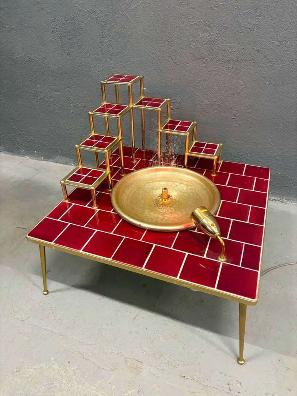 Retro Home Fountain Space Age Glazed Ceramic & Metal Water Feature Late 20th Century Europe photo vintage