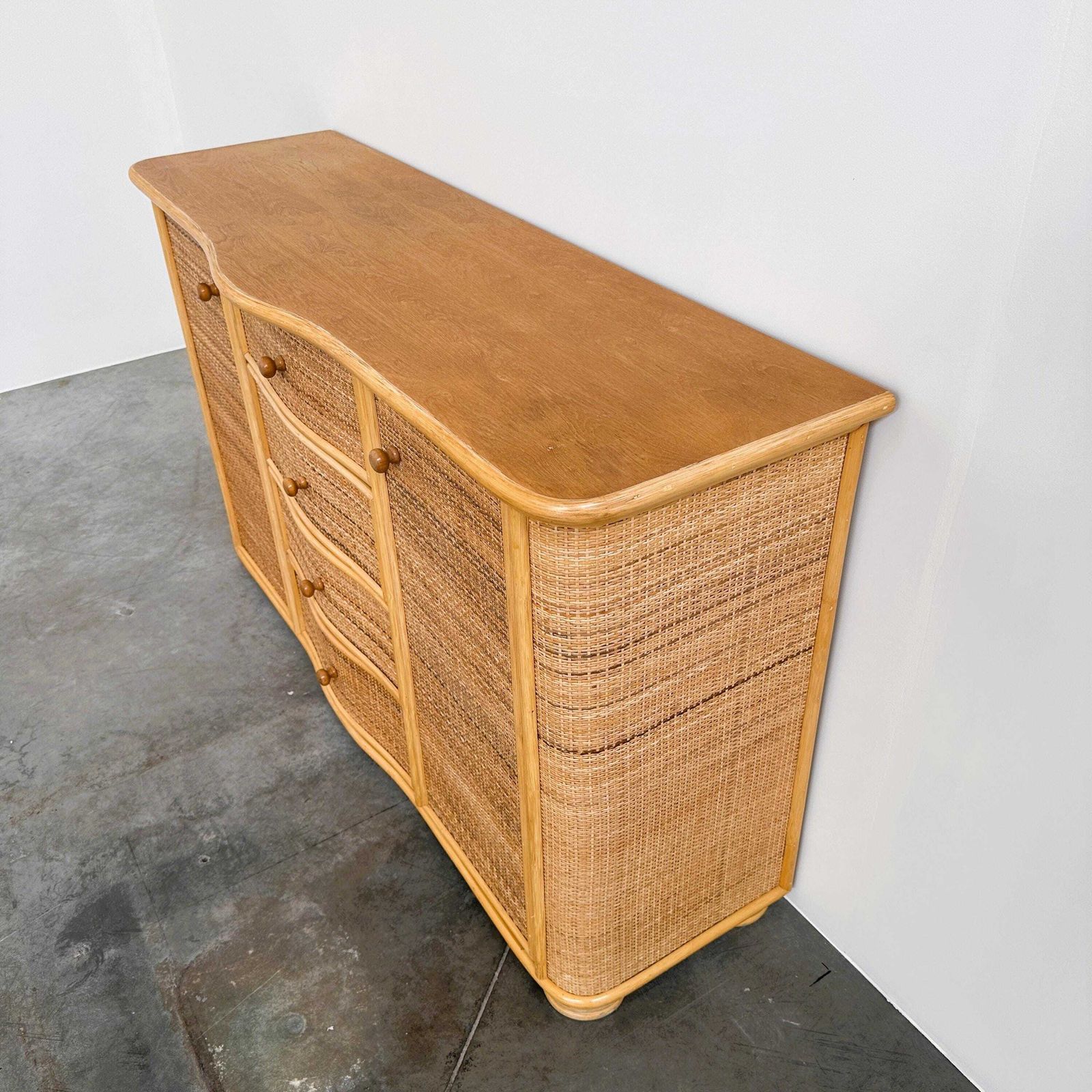 Vintage Curved Rattan Sideboard, Coastal Credenza, Wicker Cabinet, Boho Buffet, Hollywood Regency, 1980s Storage Cabinet photo 985.0
