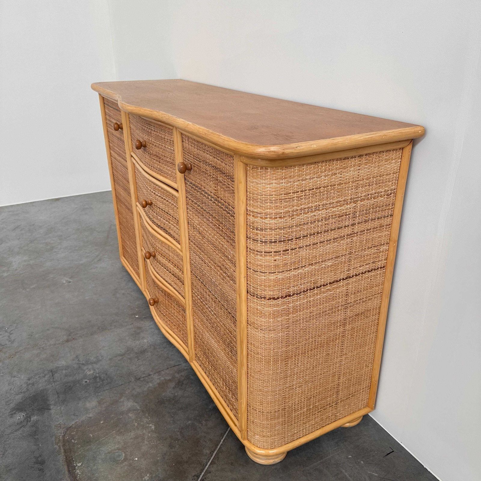 photo furniture Vintage Curved Rattan Sideboard, Coastal Credenza, Wicker Cabinet, Boho Buffet, Hollywood Regency, 1980s Storage Cabinet