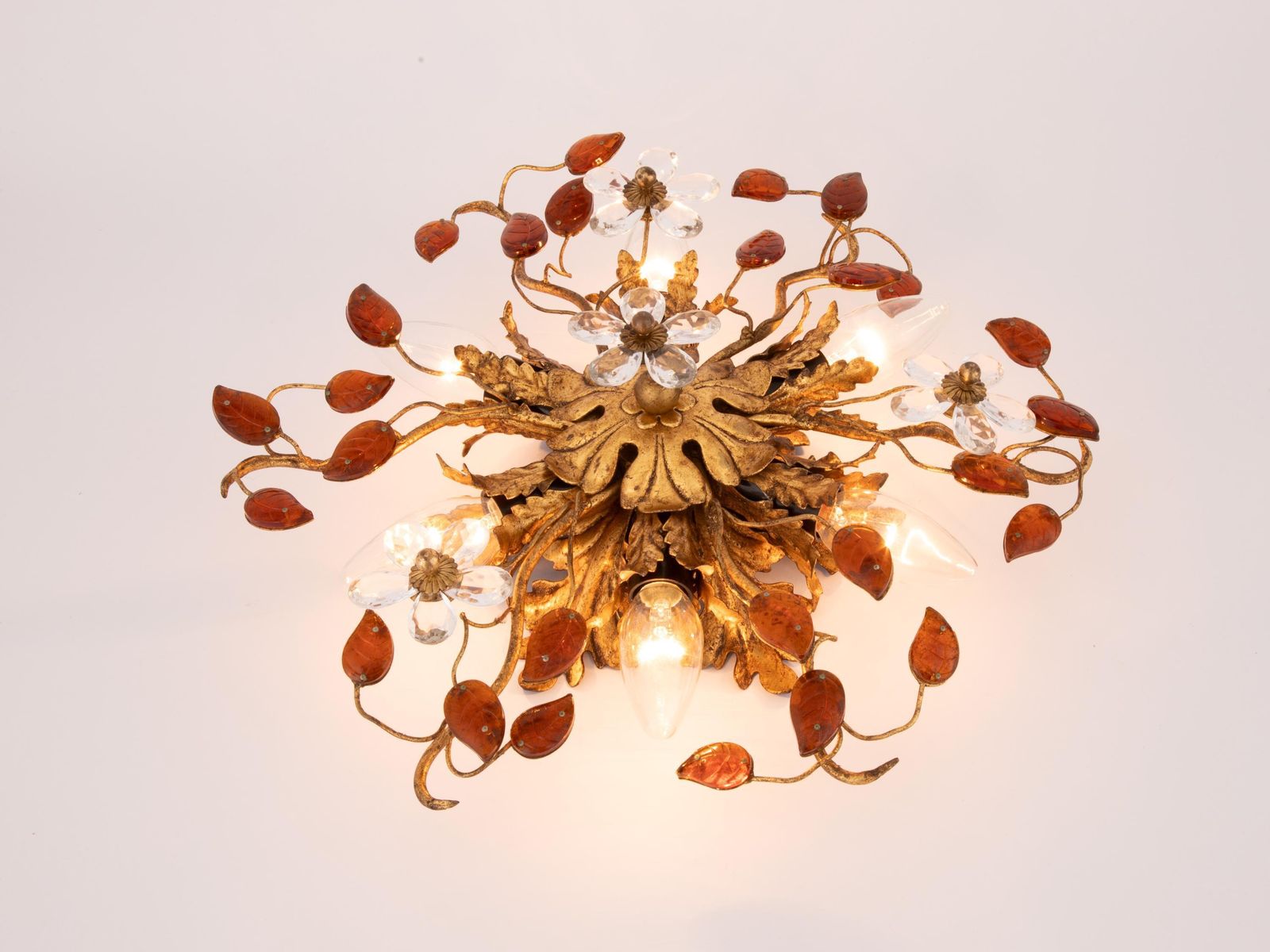 Mid Century Italian Flush Mount By Banci Firenze | Vintage Toleware Ceiling Light Wall Sconce Gold Gilded Florentine Lamp Red Floral Orange photo Lighting